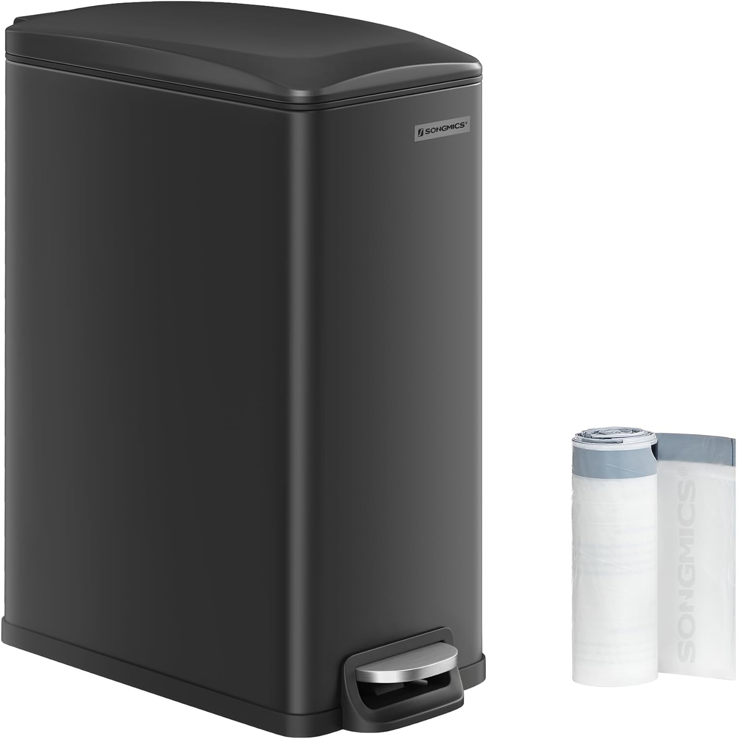 SONGMICS Kitchen Bin 48L, Slim Pedal Bin for Narrow Spaces, Rubbish and Waste Bin with Soft-Close Lid and Inner Bucket, Steel, 15 Rubbish Bags Included, Black LTB510B4802