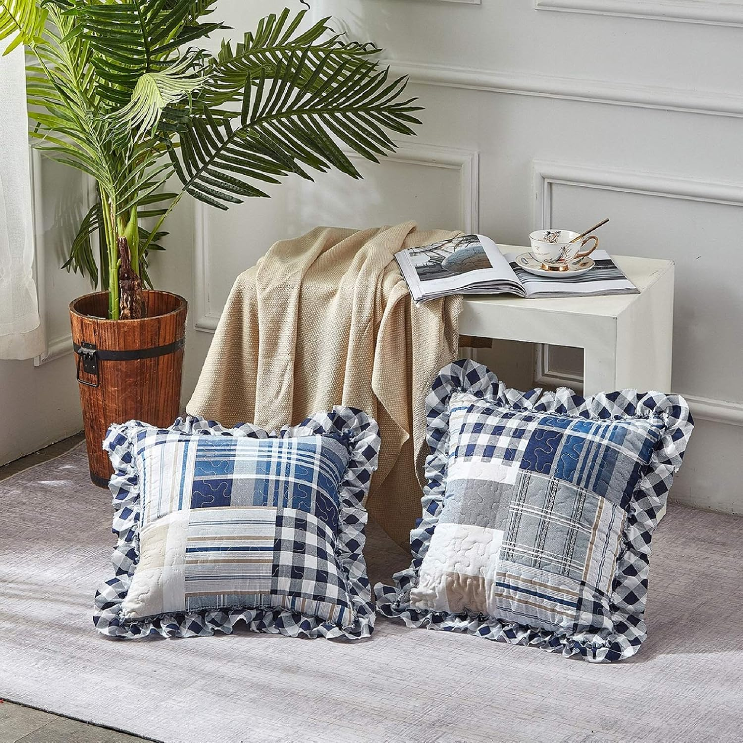 Brilliant Sunshine Latte Grey Paris and Toile Floral Patchwork Ruffle Pillowshams, Quilted Decorative Pillow Covers Set, Square Throw Cushion Cases for Couch, Chair, Bed, 18X18,Pack of 2, Latte Grey