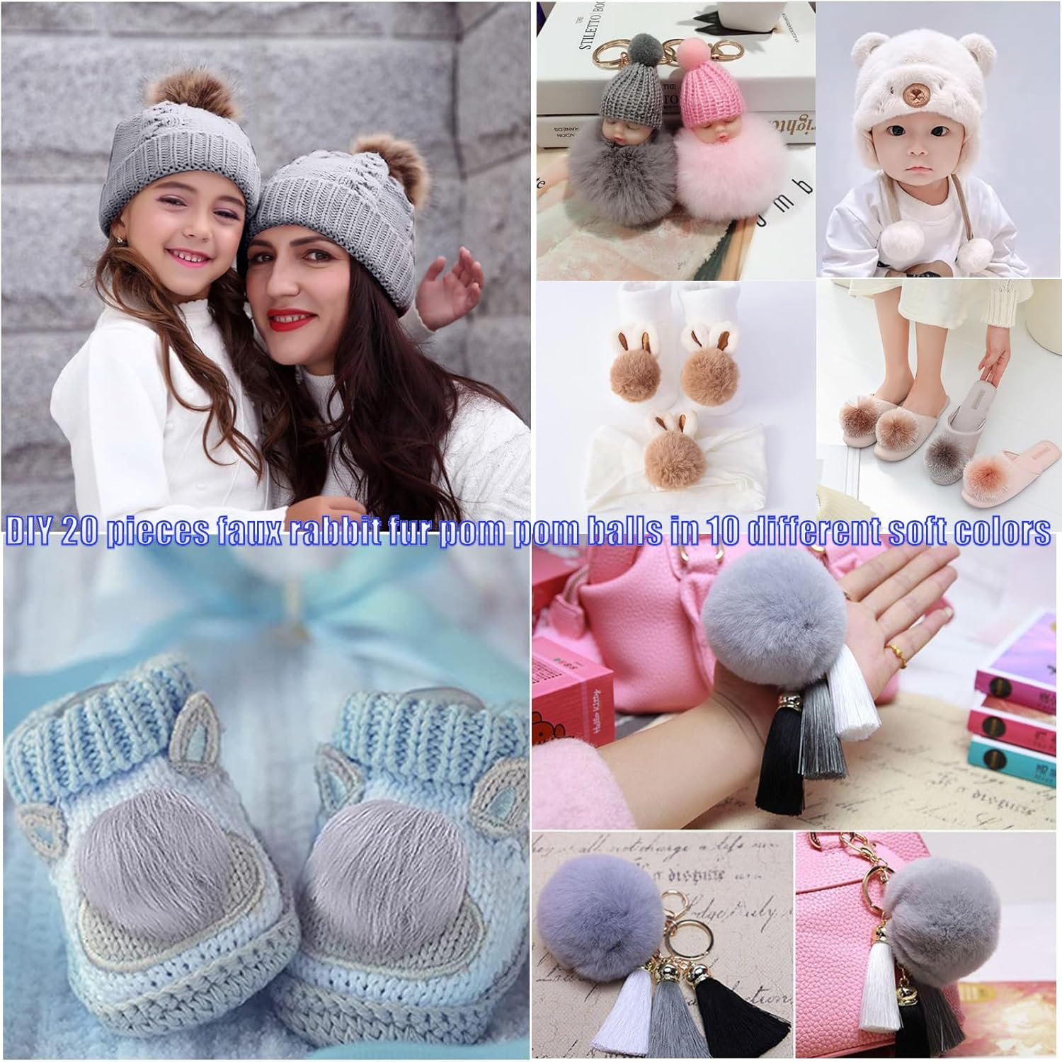 YELINTIAN 20 Pieces ​Faux Fur Pom Pom Balls - ​Faux Fox Fur Pom Pom Balls for DIY Crafts & Knitting, ​Soft & Removable for Hats, Scarves, Gloves, Bags, Keychains (10 Colors, 2Pcs Each) image number 1