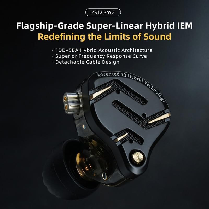 KZ ZS12 PRO 2 in Ear Monitor Headphones, 5BA+1DD 6 Hybrid Driver Gaming Earbuds Wired Earphones, Hifi Clarity Sound Immersive Bass Iems for Gaming Musicians Singers Audiophiles (Black with Microphone) image number 4