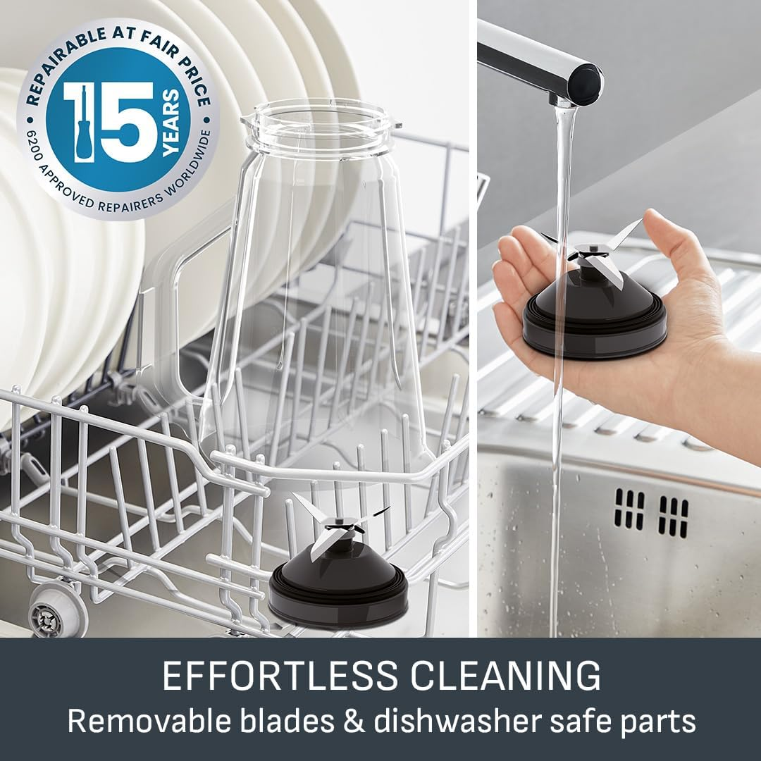 Tefal Blendforce II Blender, 2L Plastic Jug, 1.25L Effective Capacity, 600W, 4 Removable Stainless Steel Blades, Smoothie Blender, Ice Crush, 2 Speeds + Pulse Kitchen Blender, Black, BL420840 image number 6