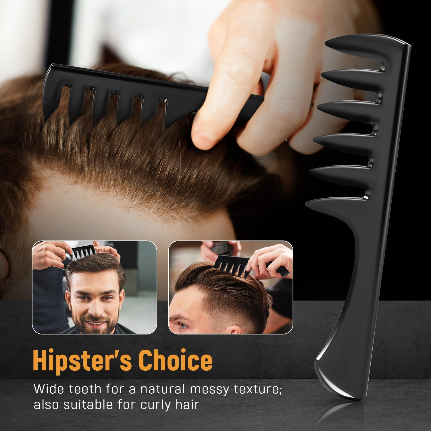 3Pcs Hair Styling Combs Set for Men - Black Barber Wide Tooth Texture Comb for Quiff, Pompadour, Slicked-Back, Fauxhawk, Undercut image number 2