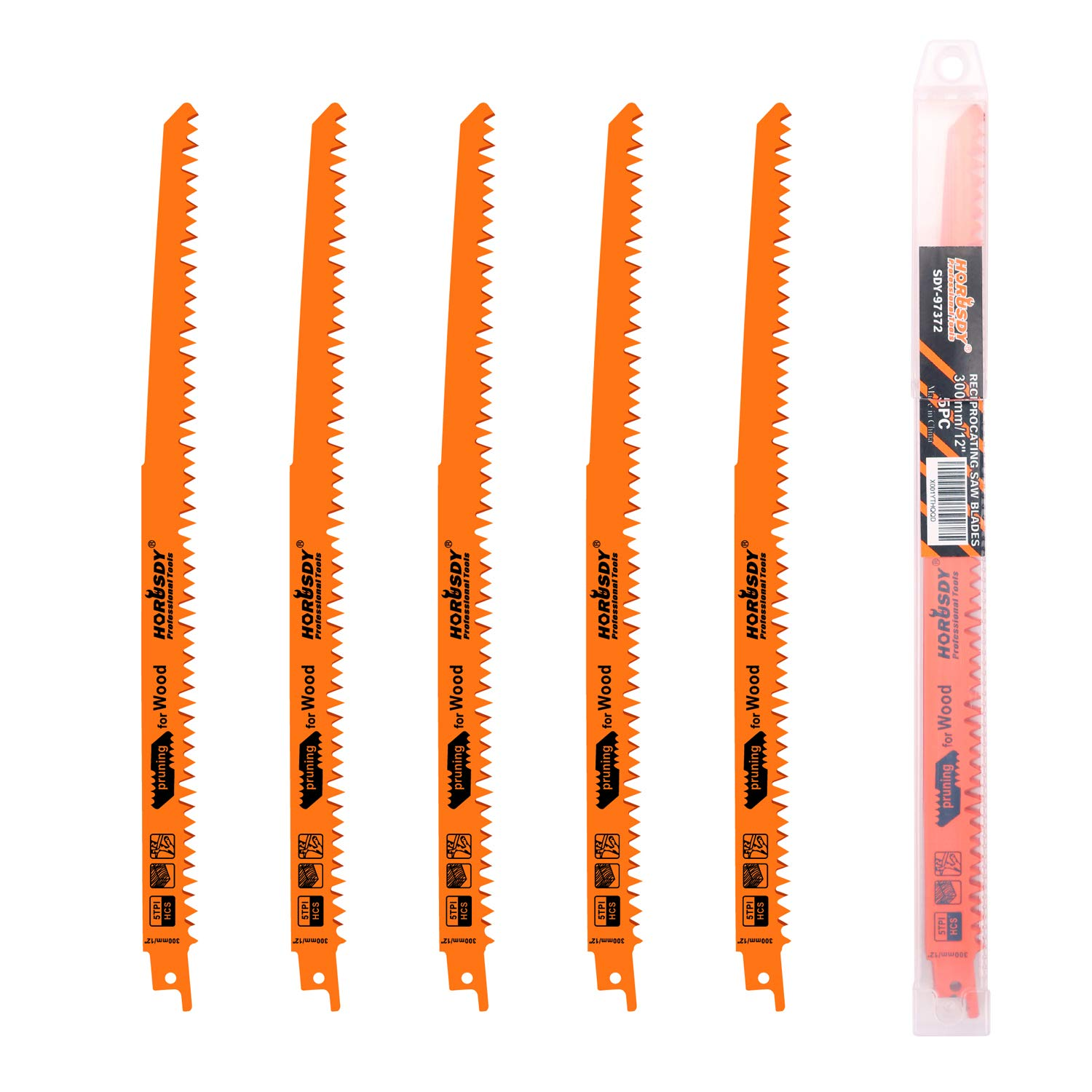 HORUSDY 5-Pack Wood Pruning Reciprocating Saw Blades, 12-Inch 5TPI Saw Blades 300Mm Long for Wood Cutting image number 4