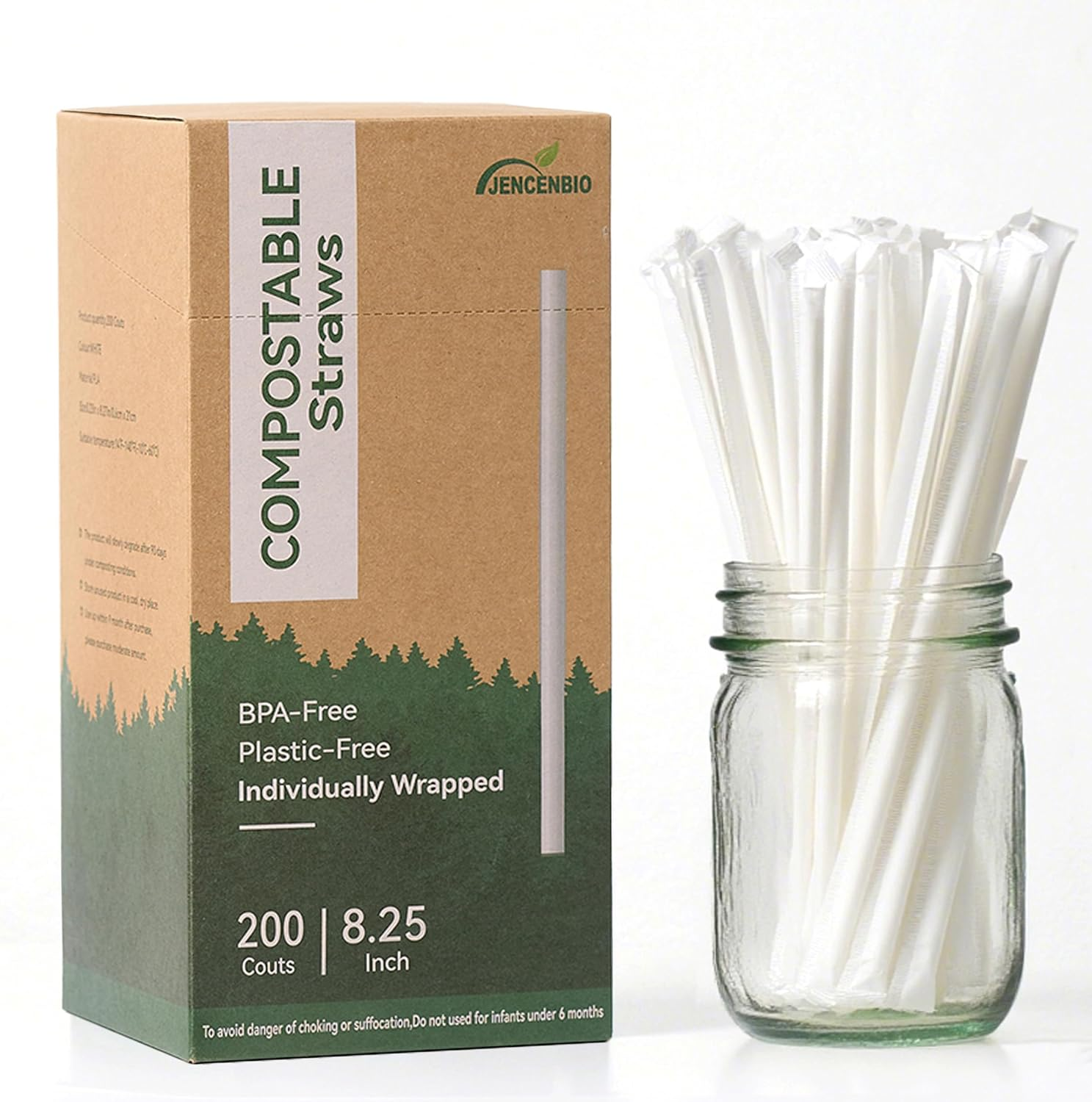 JENCENBIO 200 PCS 20Cm Straws Compostable Reusable Straw Drinking Individually Wrapped Suitable for Various Drinks Juice Milk, Tea Daily Use White image number 4