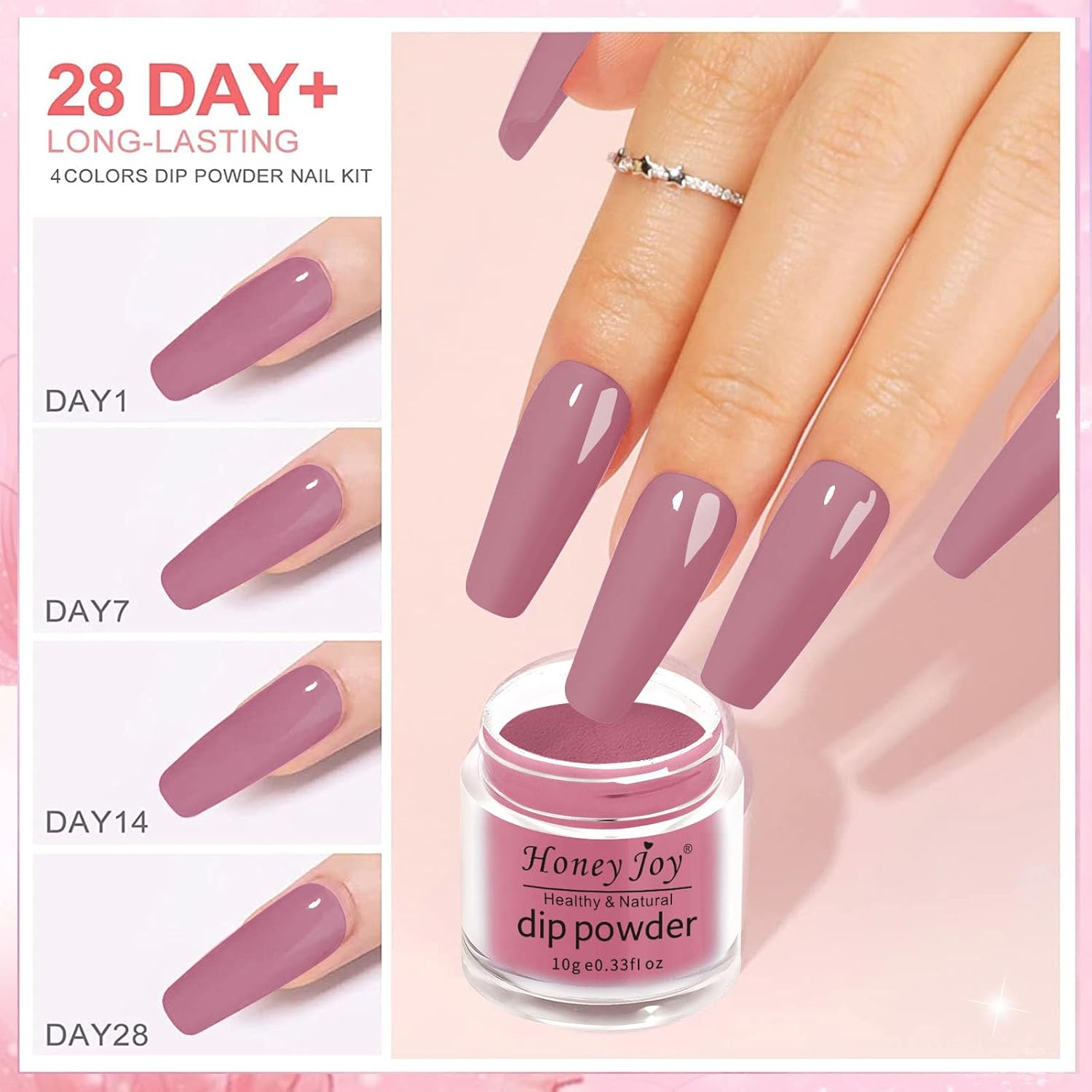 Honey Joy Dip Powder Nail Kit Starter, 4 Colors Light Pink Nude Skin Tone Dipping Powder Liquid Set with Base Top Coat Activator for Nail Art Manicure Salon DIY No LED Nail Lamp Needed, Dip-7Pcs-05 image number 5