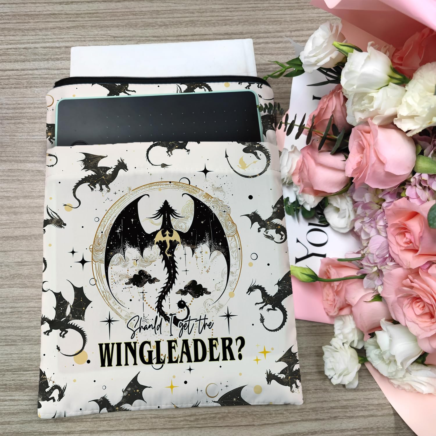 Fourth Wings Inspired Book Sleeve, Book Sleeves with Zipper, Dragon Book Sleeve for Book Lovers, Book Pouch Kindle Protector, Gifts for Women Teacher Librarian Bookworm Bookish (White-A, Large) - White-B image number 3