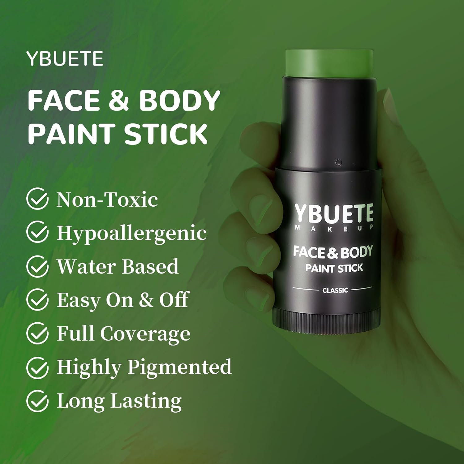 YBUETE Green Face Body Painting Stick, Professional Full-Coverage Cream Green Face Paint for St. Patrick'S Day Halloween SFX Witch Monster Cosplay Makeup,Washable Body Paint for Adult Carnival image number 1