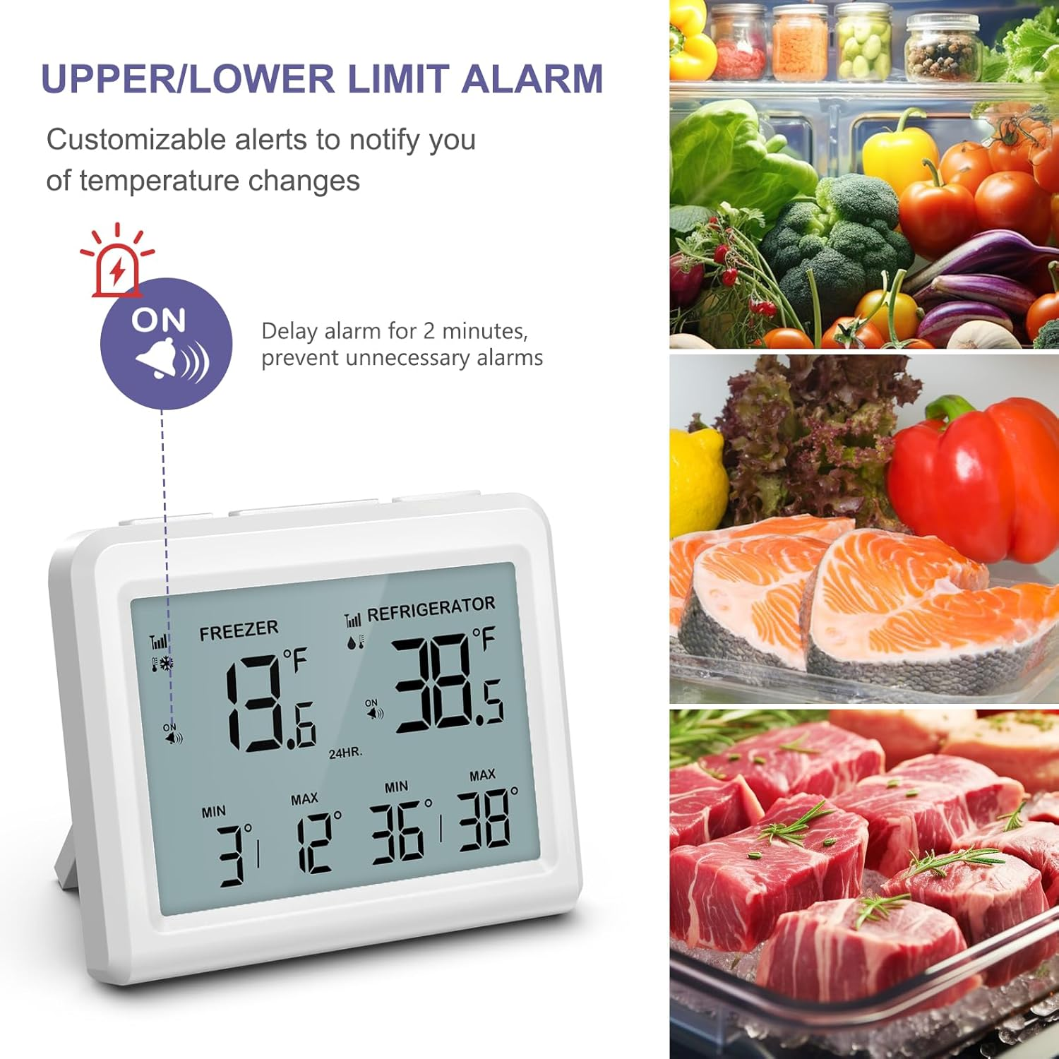 Digital Fridge Thermometer, Refrigerator and Freezer Thermometer with 2 Sensors, Indoor Thermometer with Backlight, Min/Max Record, Alarm, Room Thermometer for Home, Restaurant, Cellar, Bar