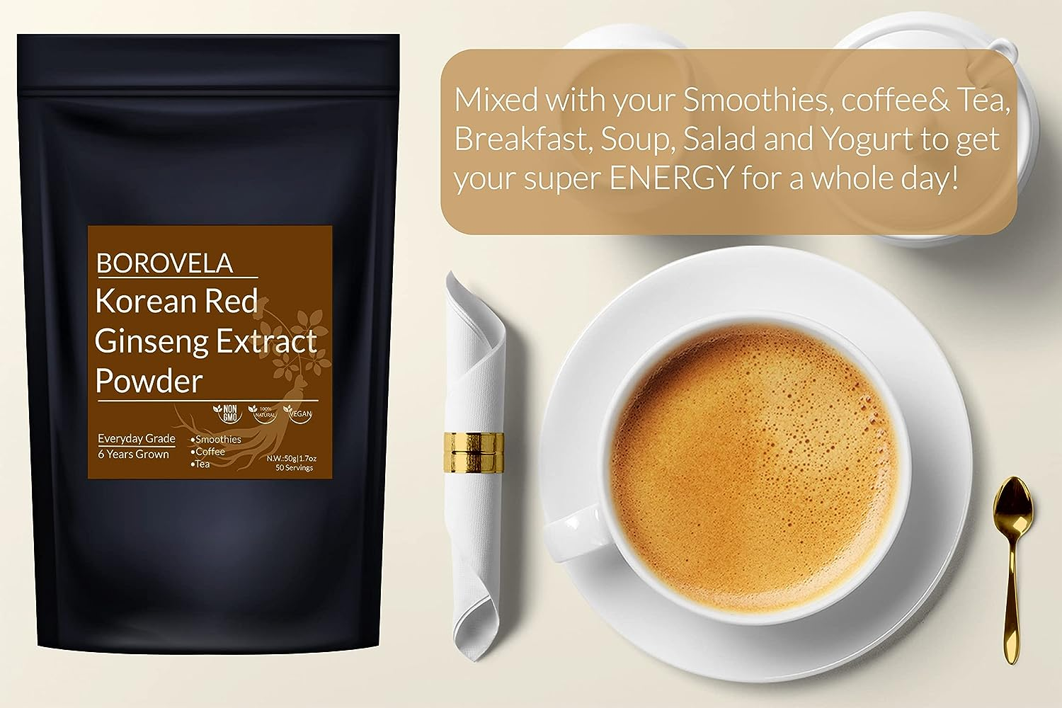 Korean Red Ginseng Extract Powder 100% Natural Authentic Korean Health Power Support Healthy Immune System Energy & Focus Supplements Mix with Coffee Tea Yogurt Soup Smoothies 50 Servings image number 2