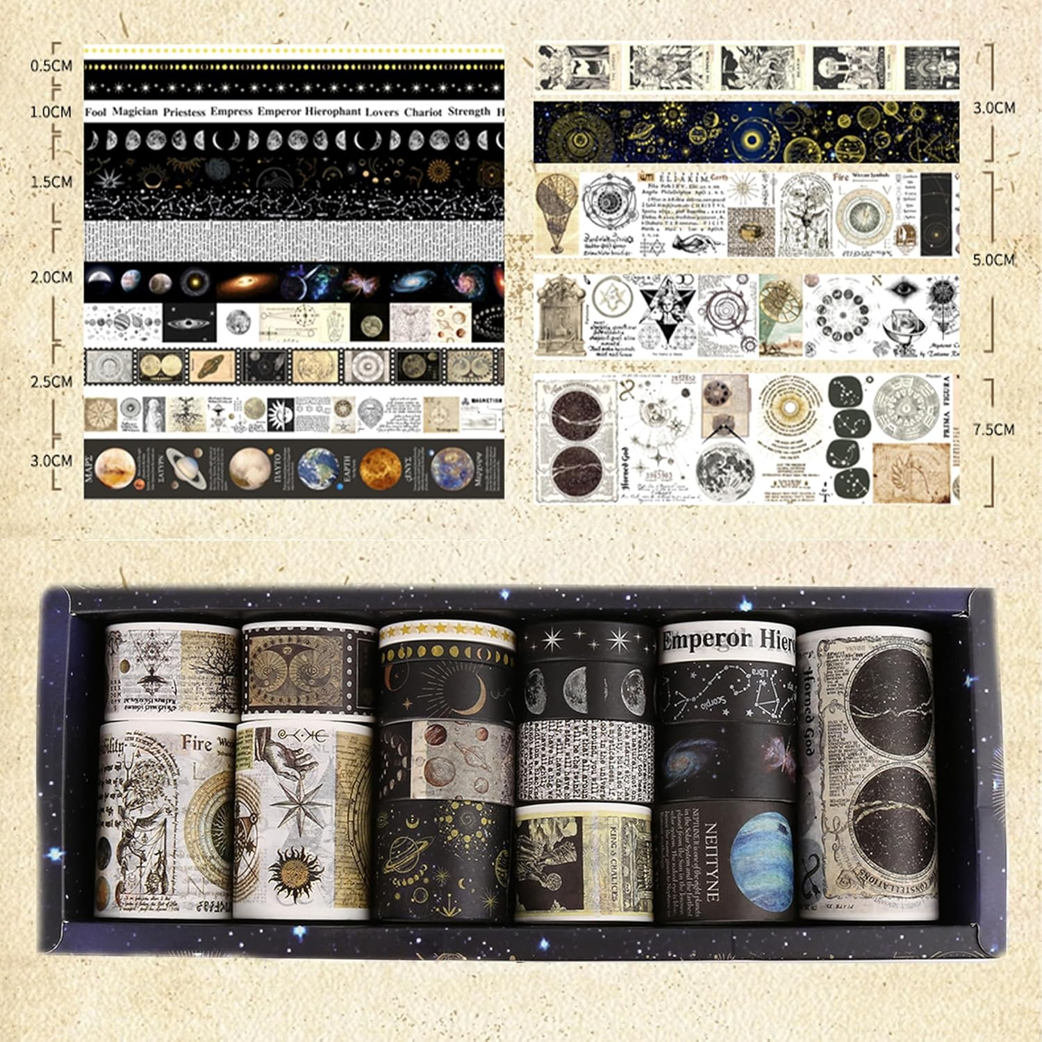 KAVI' S 18 Rolls Vintage Washi Tape Pack Retro Arts Adhesive Tapes Wide Monologue Decorative Masking Tape Sets for Craft, Kids, Scrapbook, DIY, Gift Wrapping (Universe Milky Way) image number 5