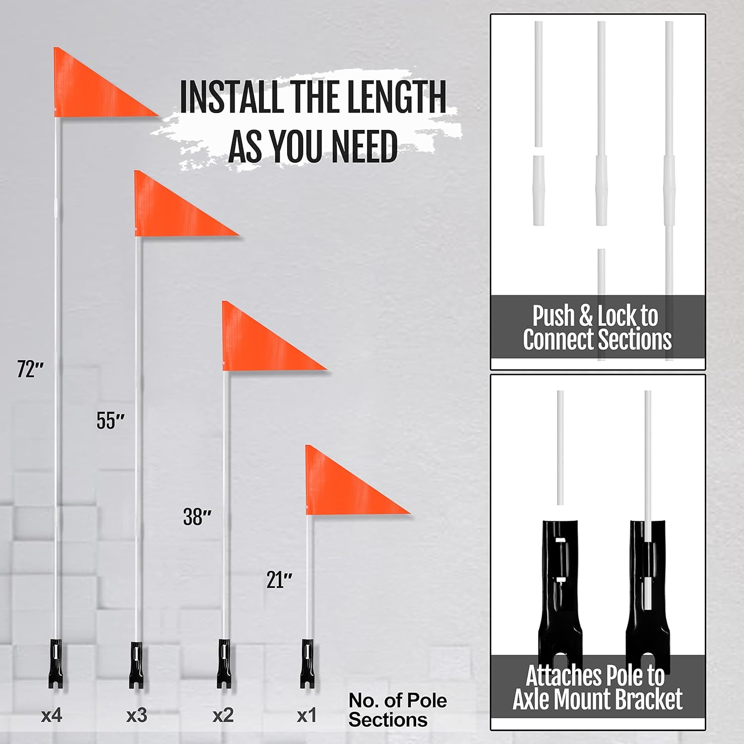 Anley 6Ft Bike Safety Flag with Fiberglass Pole & Mounting Bracket - Adjustable Length, High Visibility & Tear Resistant - Double Sided Bicycle Trailer Safety Flags for Kids & Adults (Orange) image number 3