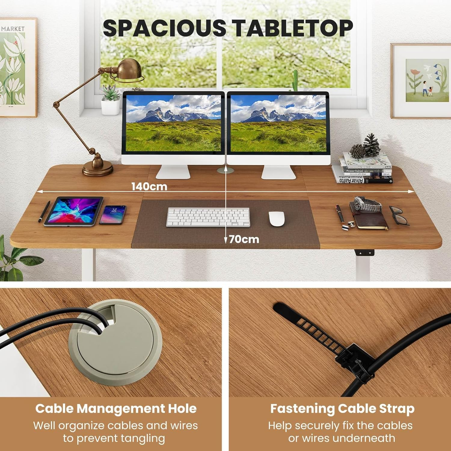 Costway 140 X 70Cm Electric Standing Desk, Height Adjustable Sit Stand Desk with Cable Management Hole, Anti-Collision Technology, Computer Workstation for Home Office (Natural) - Rustic Brown image number 5