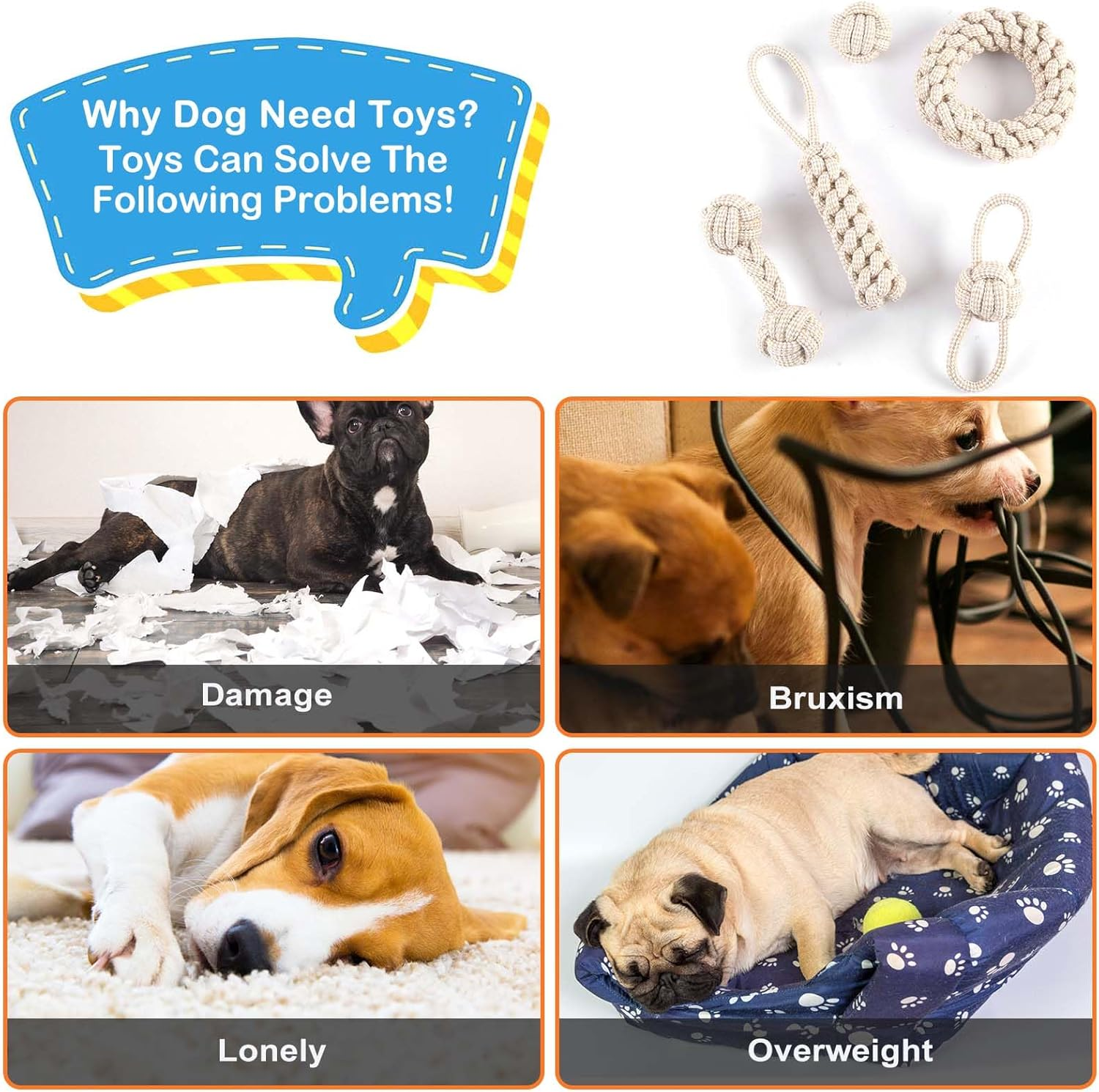 5-Piece Chew Dog Toy Set, Interactive Chew Toy Made of Natural Cotton, Dog Toy Rope with Knot Ball, for Small, Medium, Large Puppies, Cats, Pets, Dental Care, Beige Linen image number 4