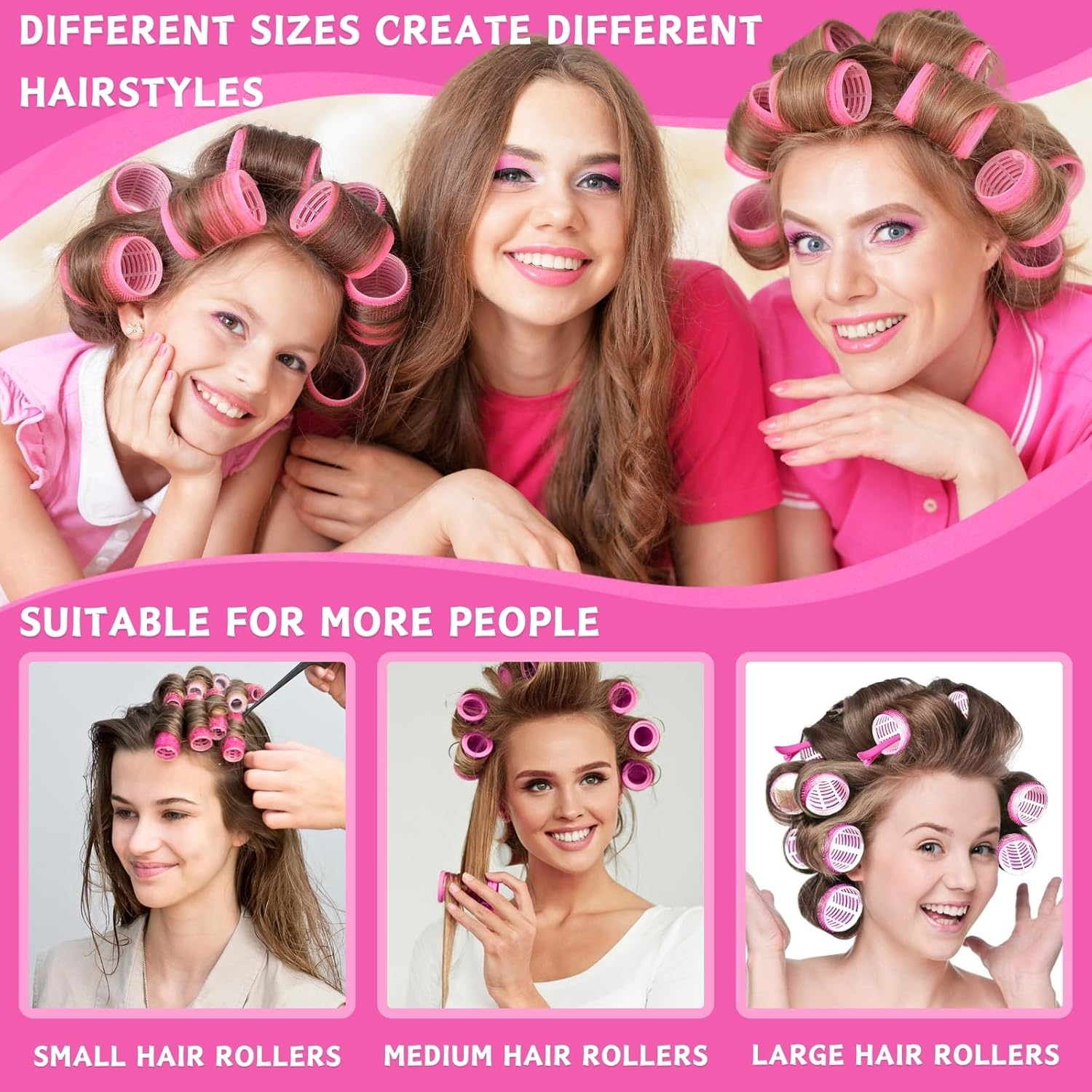 KEYRI 48-Piece Jumbo Large Curler Set, Adhesive Rollers, Self-Adhesive Hair Rollers with Hair Clip, DIY Hair Curls without Heat, for Long, Medium, Short Salon Hairdresser, 45/35/25 Mm (Pink)