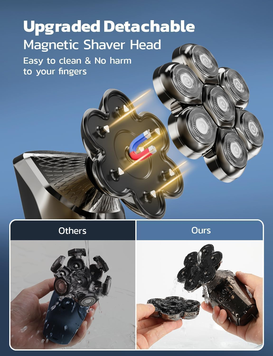 7D Portable Head Shavers for Bald Men, 9-In-1 Detachable Upgraded IPX7 Waterproof Dry/Wet Magnetic Floating Electric Razor with LED Display for Nose Hair, Beard, and Other Body Hair image number 4