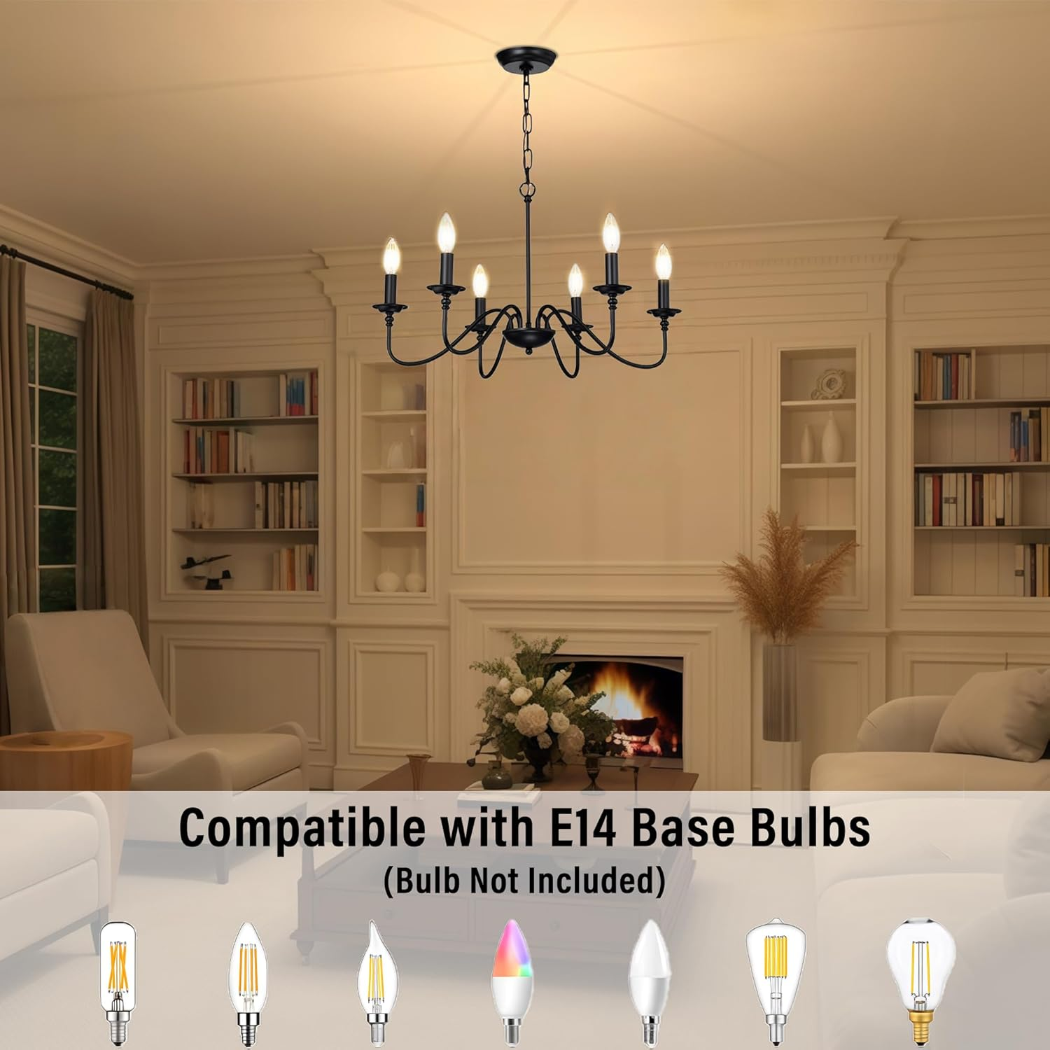 Black Farmhouse Chandelier 6-Light Candle-Style Chandeliers with Adjustable Chain, Rustic Metal Ceiling Light Fixture for Dining Room, Kitchen, Living Room or Entryway, E14 Base image number 6