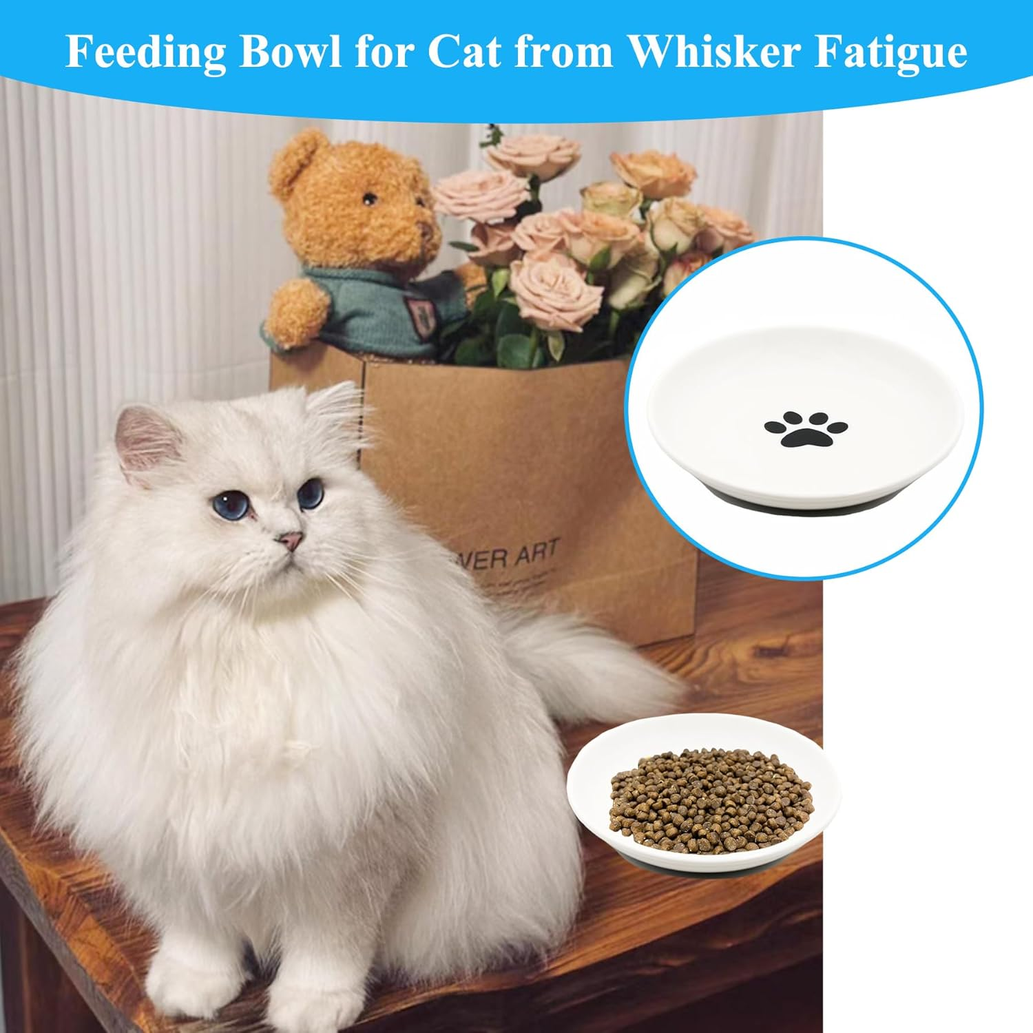 Cat Bowl, Flat Ceramic, Feeding Bowl Cat with Non-Slip Silicone Base, Raised Cat Food Bowl, Water Bowl for Kittens (Cat Paw Pattern) image number 2