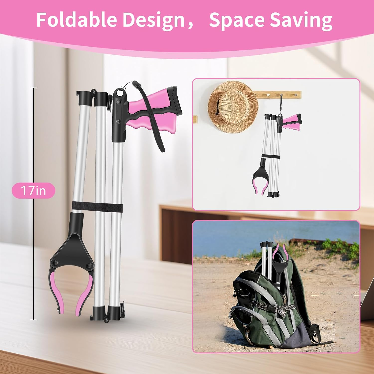 48" Grabber Reacher Tool-Extra Long Grabber for Seniors and Elederly Pickup Tool Trash Picker Foldable Gripper and Reaching Tool Pick up Stick Grabbers for Surgery Recovery Must Haves Gifts(Pink) image number 2