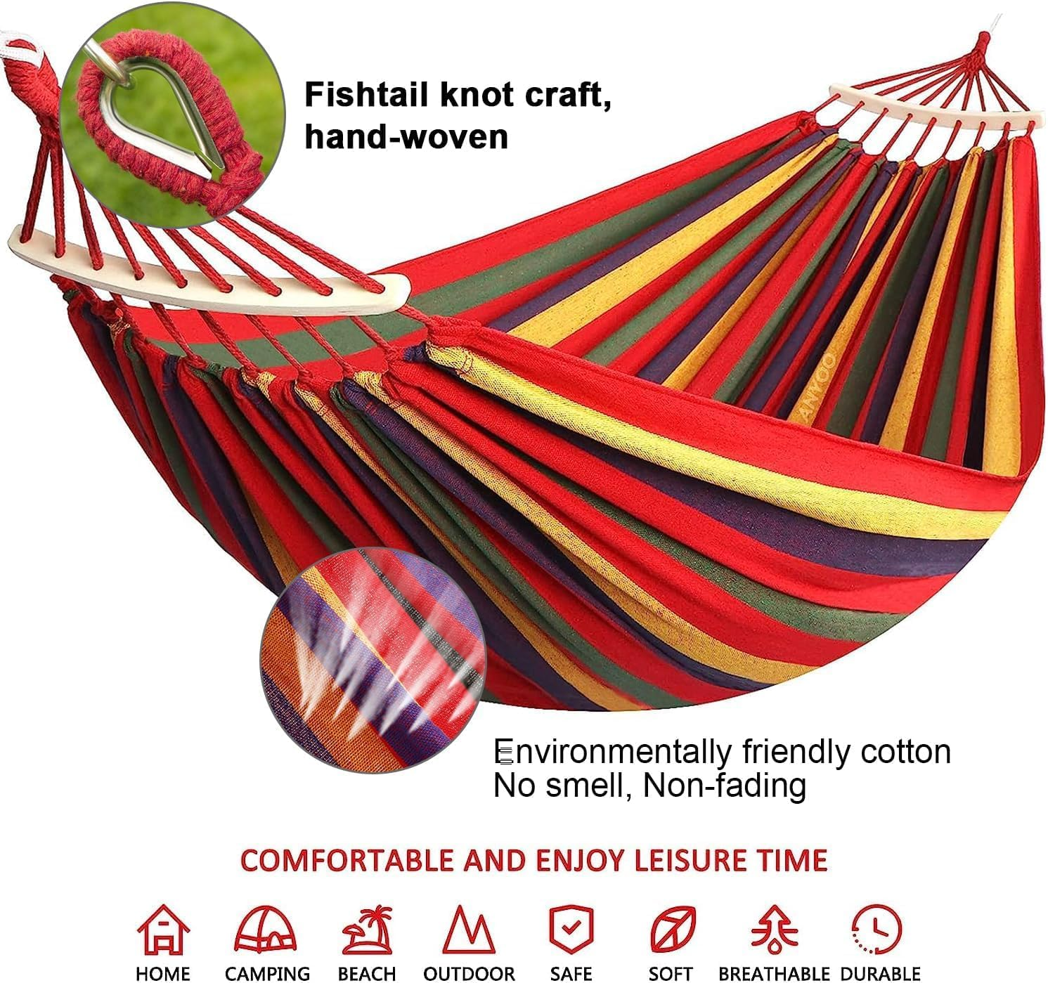 260 * 150Cm Double Hammock, Colorful anti Roll Hammock with 2 Curved Stick, Made of Soft Canvas without Stand, Replacement for Backyard, Porch, Outdoor and Indoor image number 5