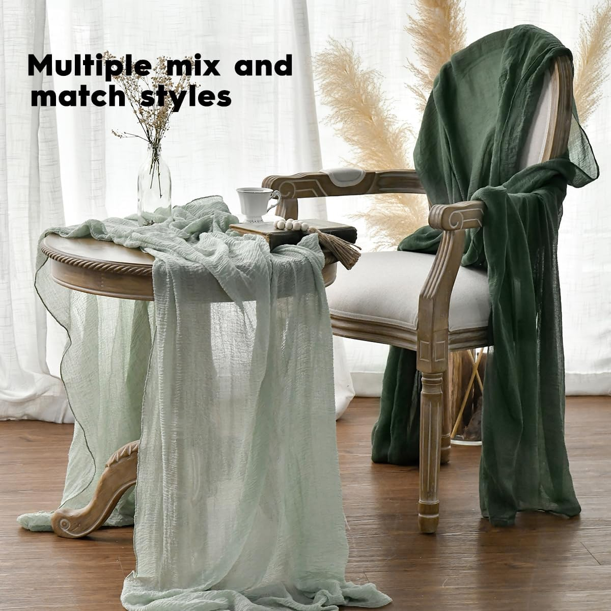 Artoid Mode Verde Foresta Fashion Boho Gauze Cheesecloth Dusty Table Runner, 90 X 300 Cm Seasonal Holiday Kitchen Dining Table Decoration for Indoor Outdoor Home Party Decor - Black image number 5
