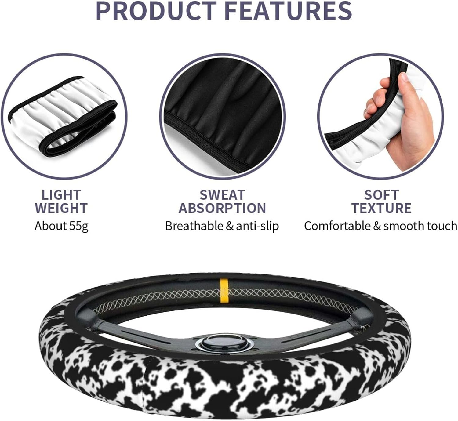 KUOAICY Cow Print Steering Wheel Covers Non Slip Neoprene Steering Wheel Protector Cover Universal 15 Inch for Men Women