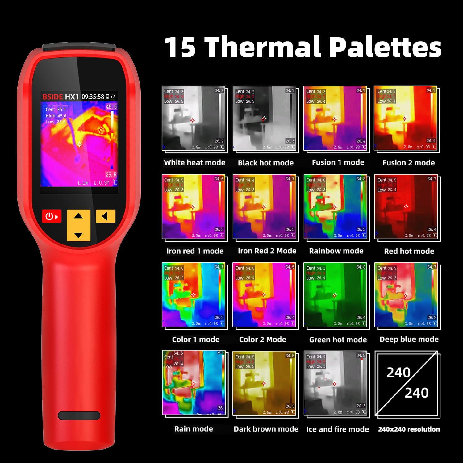 BSIDE Thermal Imaging Camera 240 X 240 Resolution Handheld Infrared Camera, 15 Thermal Palettes with 320 X 240 Full-Viewing TFT LCD for Home Inspection HVAC Electrical, 25Hz Refresh Rate, -4℉~1022℉ - Hx3 image number 4
