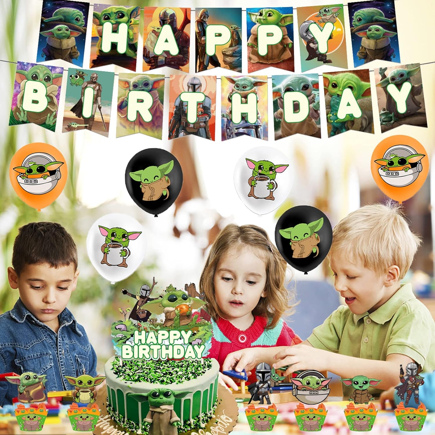 Dinoeye Baby Yoda Party Supplies Star Wars Birthday Decoration 18Pcs Balloons, 1Pcs Banner, 13Pcs Cake Toppers Green Cartoon image number 3