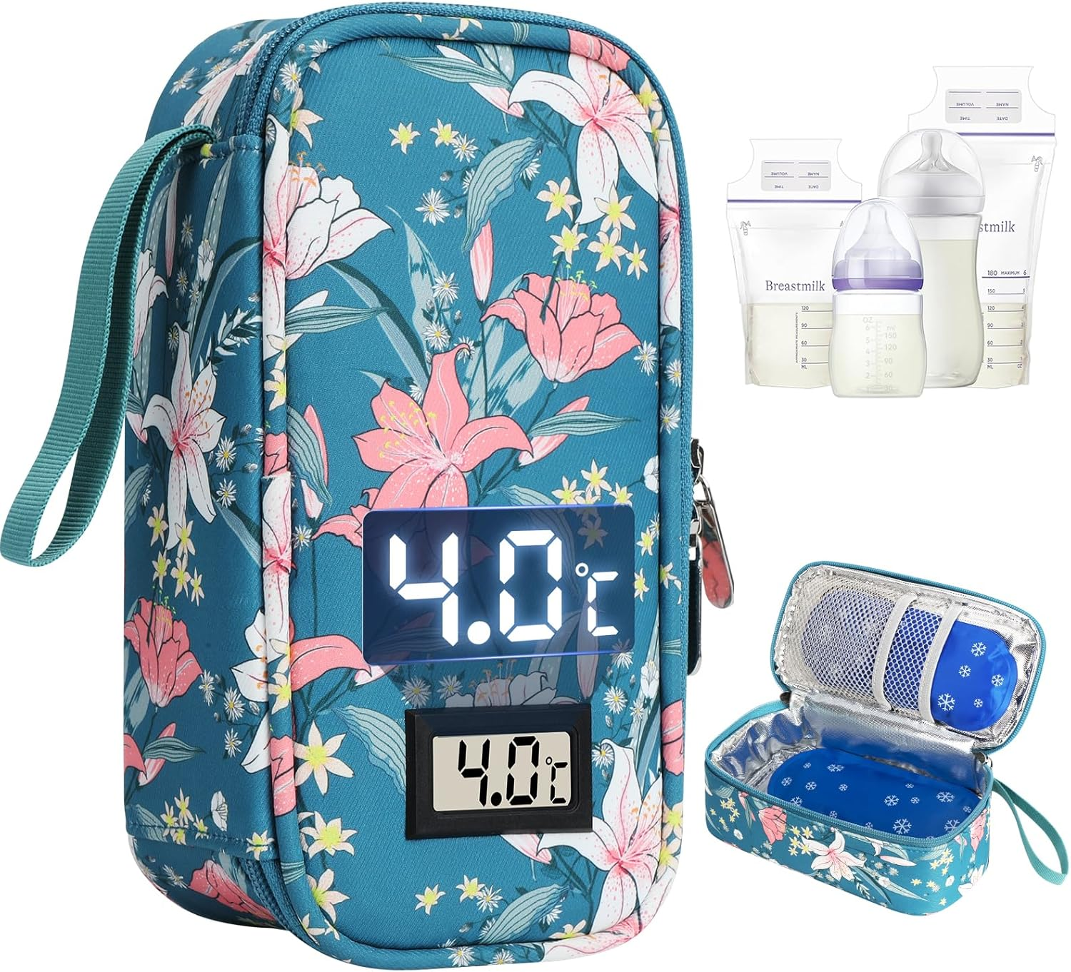 YOUSHARES Breastmilk Cooler Case - Breast Milk Cooler Travel Bag, Real-Time Temperature Display, Holds 4-6 Breastmilk Storage Bag with 2 Breast Milk Ice Pack for Moms on the Go(Lily)