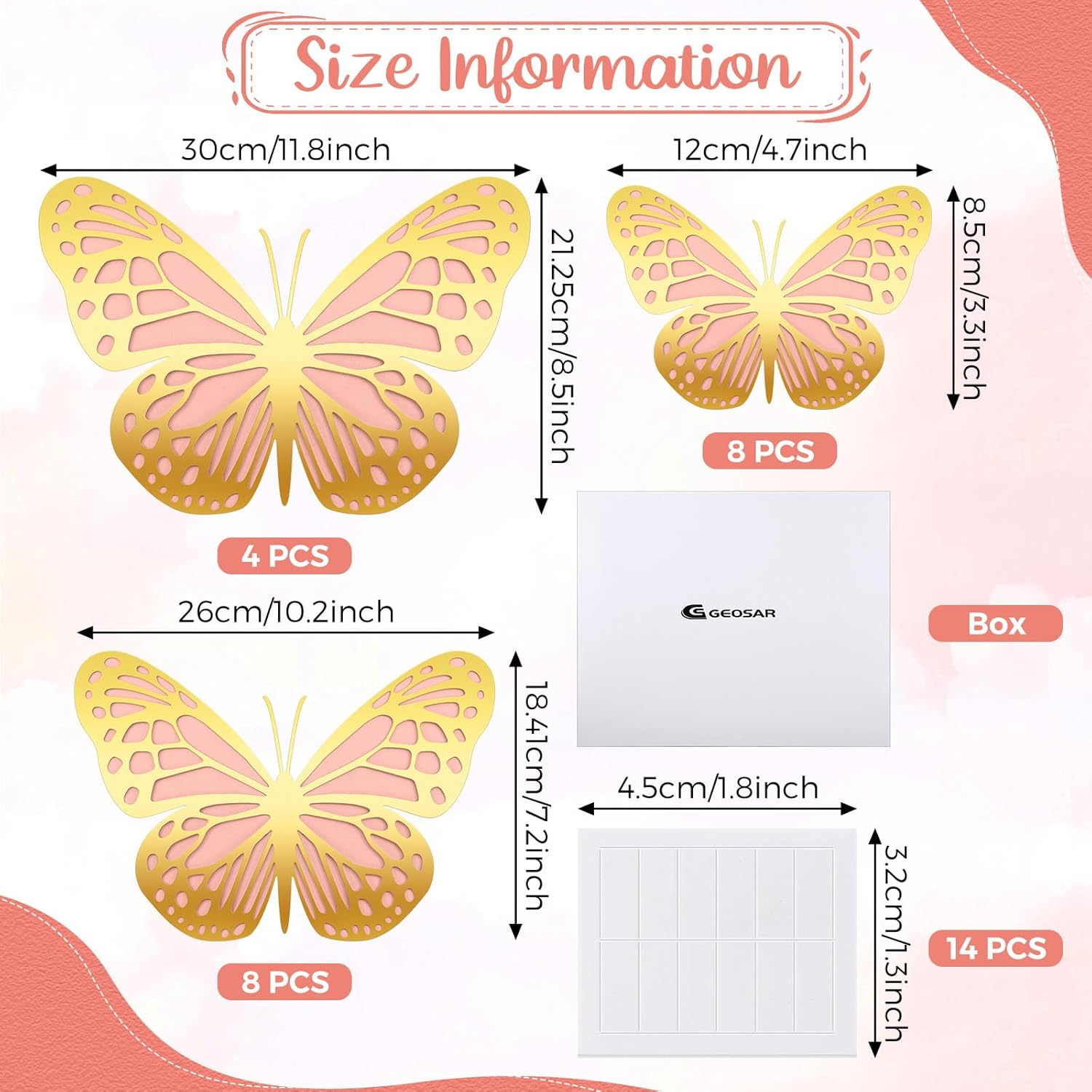 Geosar 20 Pcs 3D Large Butterfly Party Decoration 2 Layer Giant Paper Butterfly Stickers Big Butterfly Wall Decoration Set Large Butterfly for Birthday Baby Shower Nursery (Gold,Pink) - 20, Black image number 7