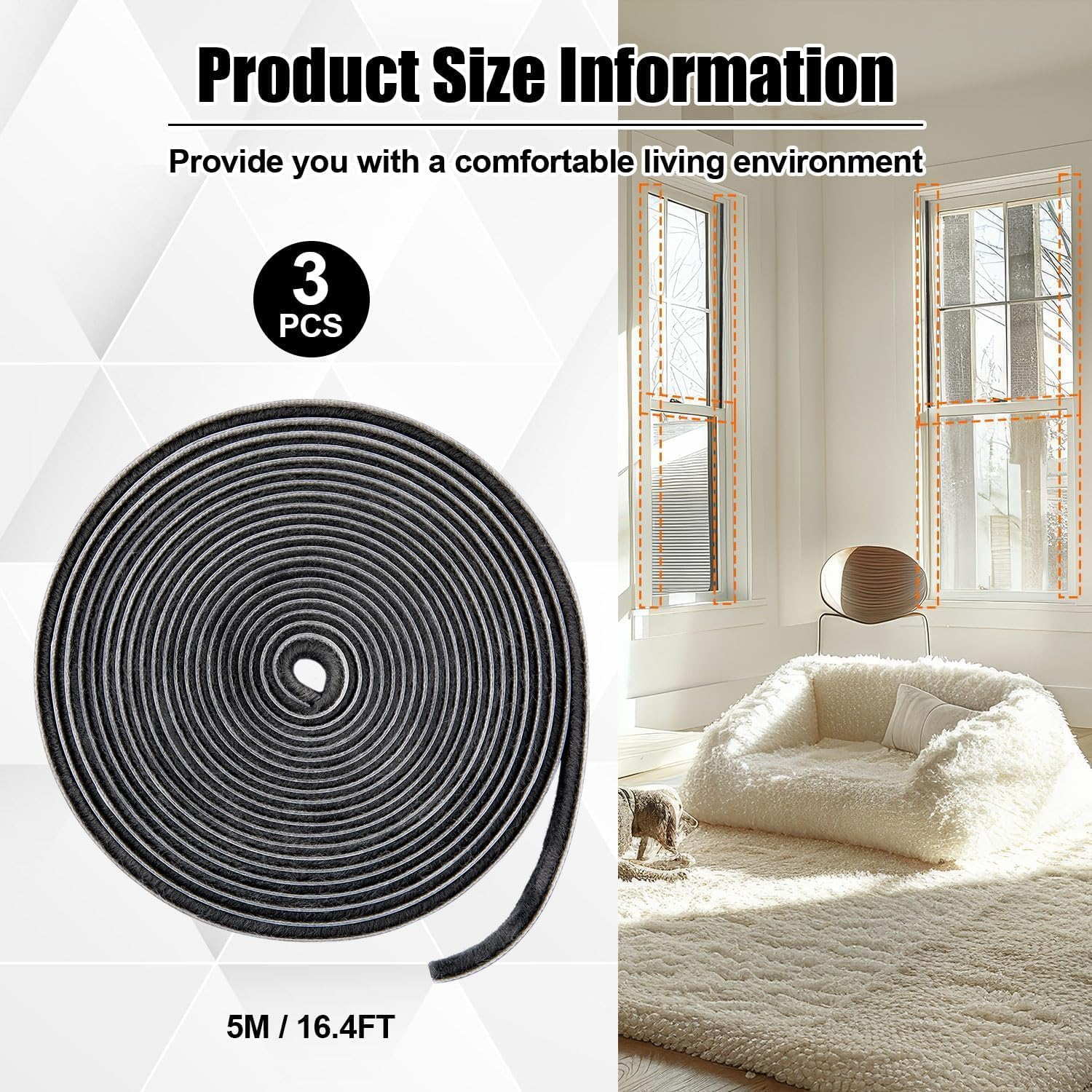 49Ft Brush Weather Stripping, Self-Adhesive Soundproofing Weather Stripping, Weatherstrip for Soundproofing, Casement Window Air Conditioner Seal for Steel Windows, 0.4 in Wide and 0.2 in Thick image number 6