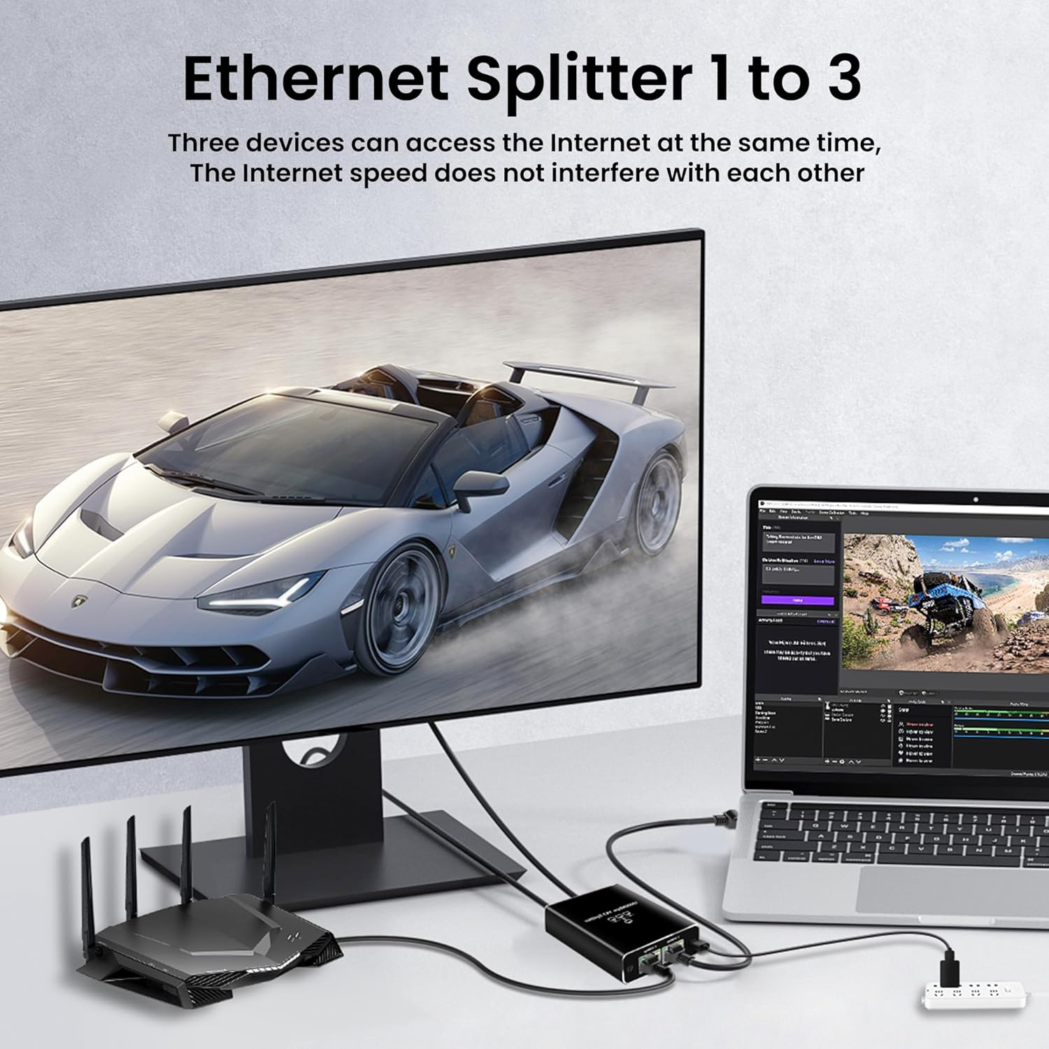 RJ45 Ethernet Splitter, NEWCARE 1000Mbps Network Splitter with USB Power Cable, Gigabit LAN Splitter Connector for Cat 5/5E/6/7/8, Network Hubs Support Two Devices Working Simultaneously (1 to 3 Out)