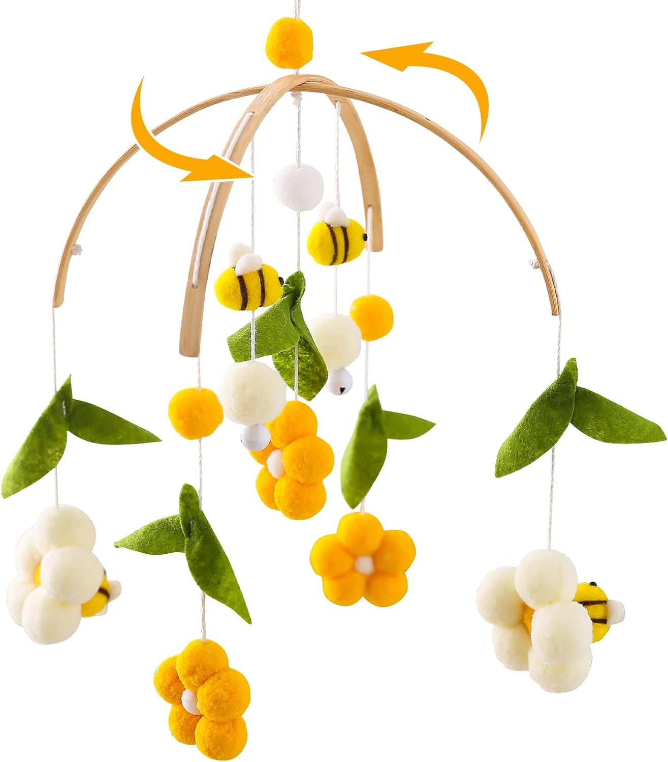 Youuys Mobile Baby Wooden with Felt Balls, Bees and Flowers, Baby Mobile Wind Chime, Bed Bell Pendant for Baby Bed, Nursery Decoration, Gift for Baby Girls or Boys image number 4