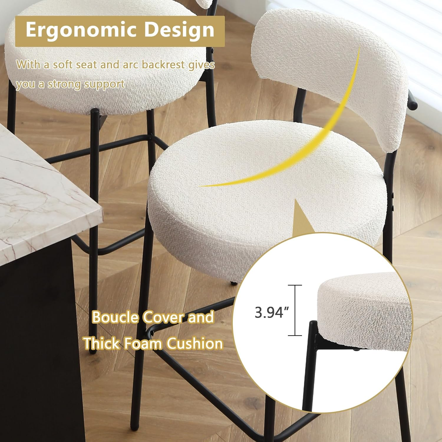 Bar Stools Set of 2, 70Cm Counter Height Bar Stools with Back, Upholstered Boucle Fabric, Modern Kitchen Island Stools for Counter, Breakfast Nook, Home & Cafe, White image number 5