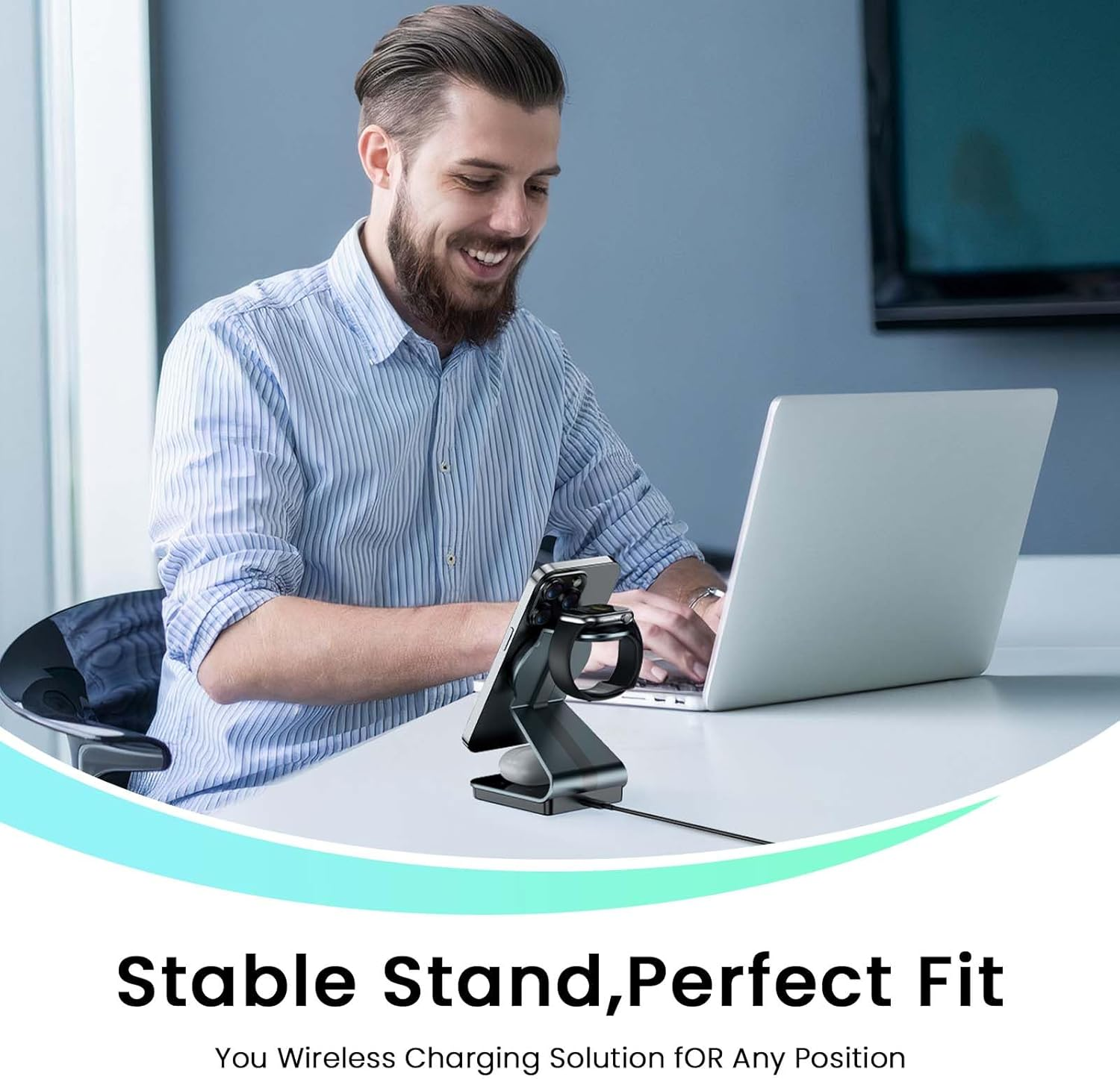 Tesansi 3 in 1 Wireless Charger, for Qi2 Certified 15W Fast Wireless Fast Charging Stand Multiple Devices for Apple - Iphone 16,15,14,13,12 Pro/Max/Mini/Plus, Apple Watch 2-10/SE, Airpods 4-2/Pro 2 image number 3