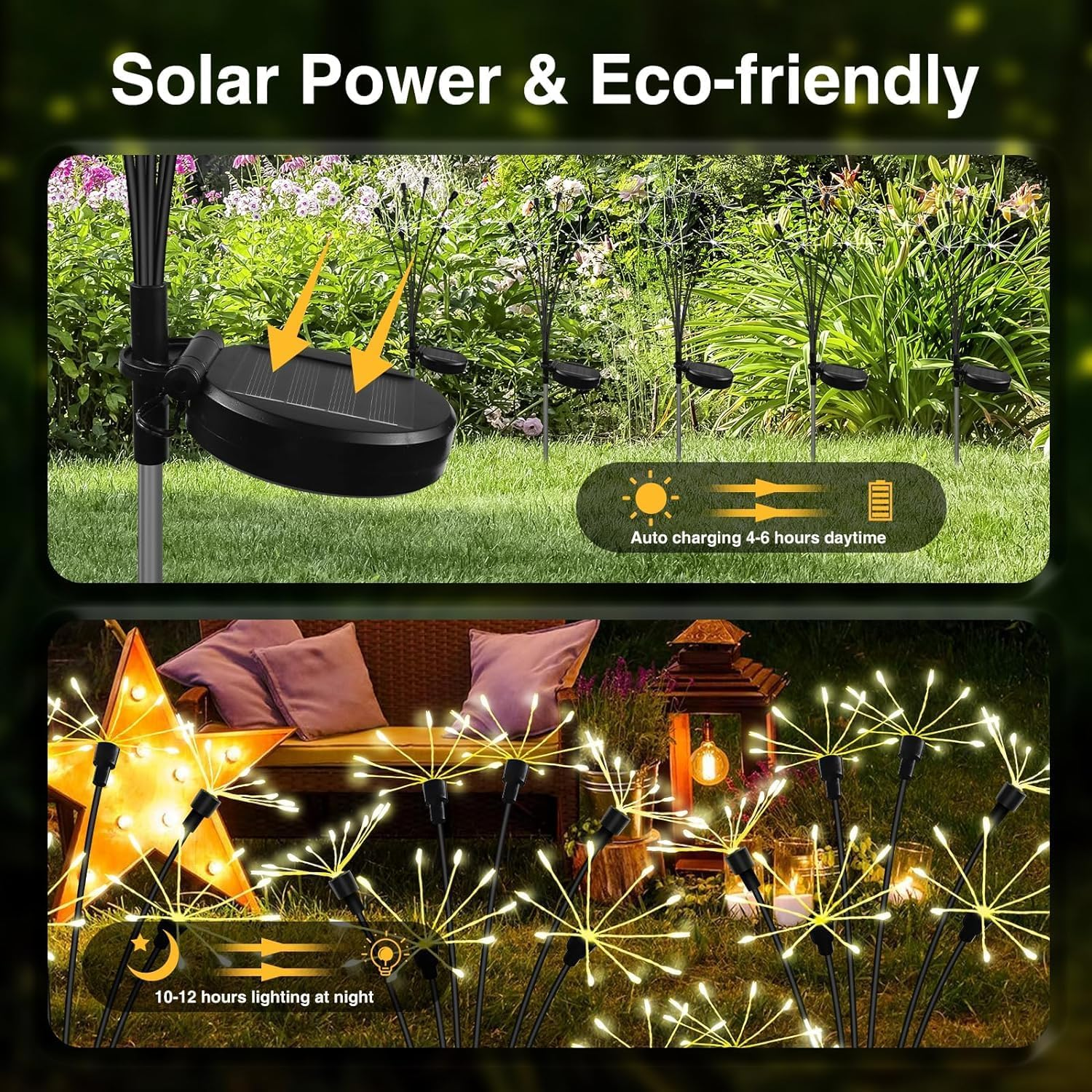 Solar Garden Lights with Flashing and Steady Lighting 2 Modes, 120 LED Wick Garden Lights for Outdoor Yards, Paths, Patio and Holiday Decorations, Warm White (2 Pack)