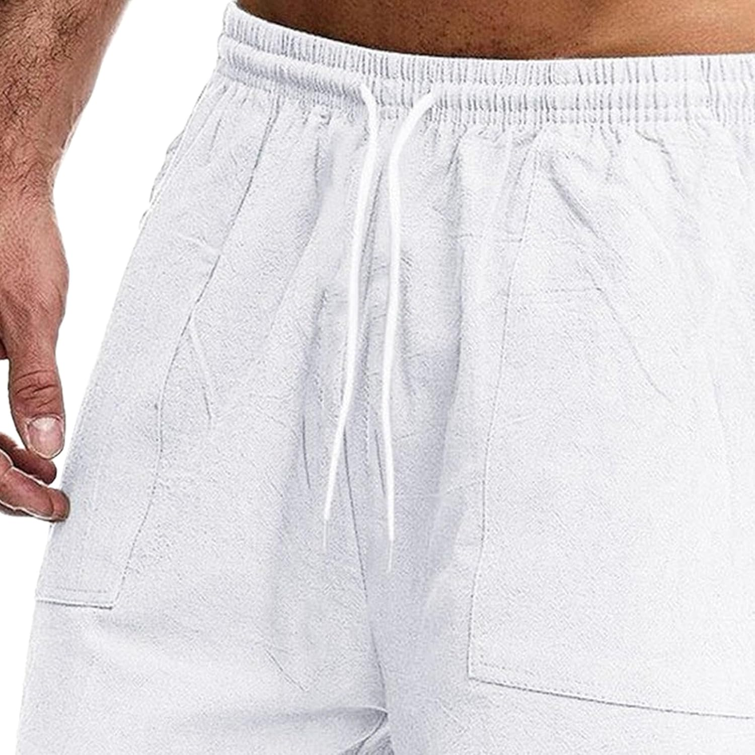 Men'S Long Cotton Linen Shorts Lightweight Classic Male Knee Length Drawstring Sport Men Lounge Capri Pant, White, Large