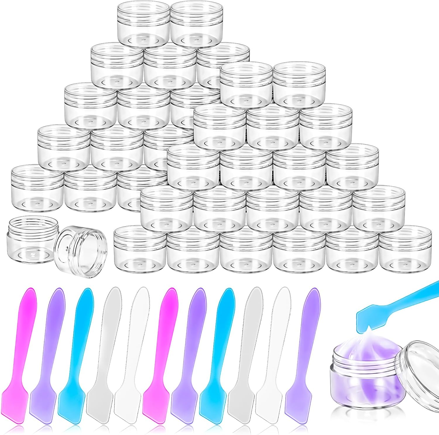 Motbach 40 PCS 15G Empty Plastic Containers with Clear Lids,Small Makeup Sample Containers,0.5Oz Small Sample Pot Jars round Travel Cosmetic Jars with Spatulas for Liquid Sample Powder Cream Lotion image number 5