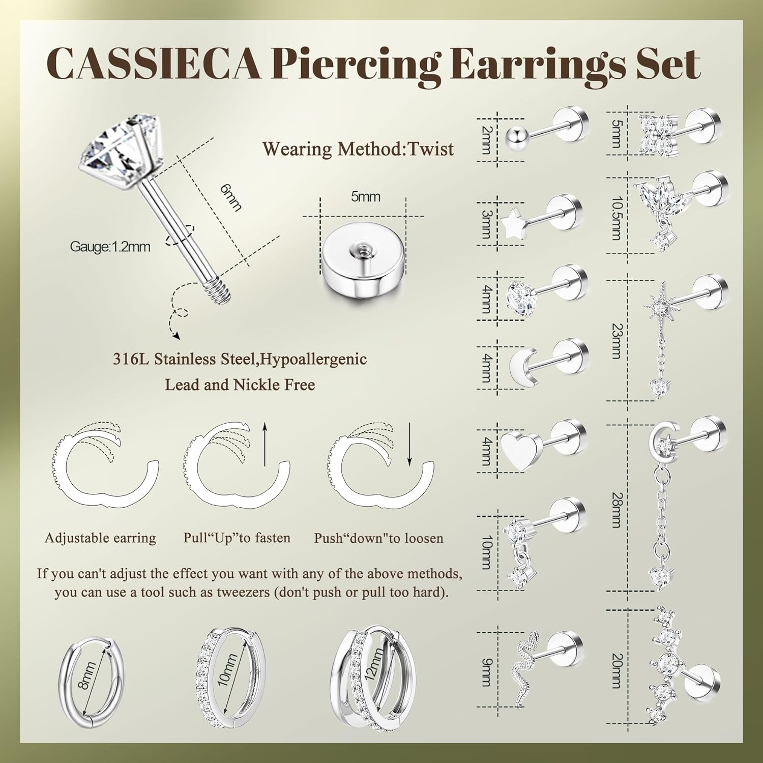 Kakonia 15 Pcs Helix Piercing Jewellery Surgical Steel Flat Back Earrings for Women Forward Helix Stud Hoop Earrings Cartilage Earrings Silver Gold Daith Tragus Rook Conch Piercing Jewellery - Silver Tone image number 2