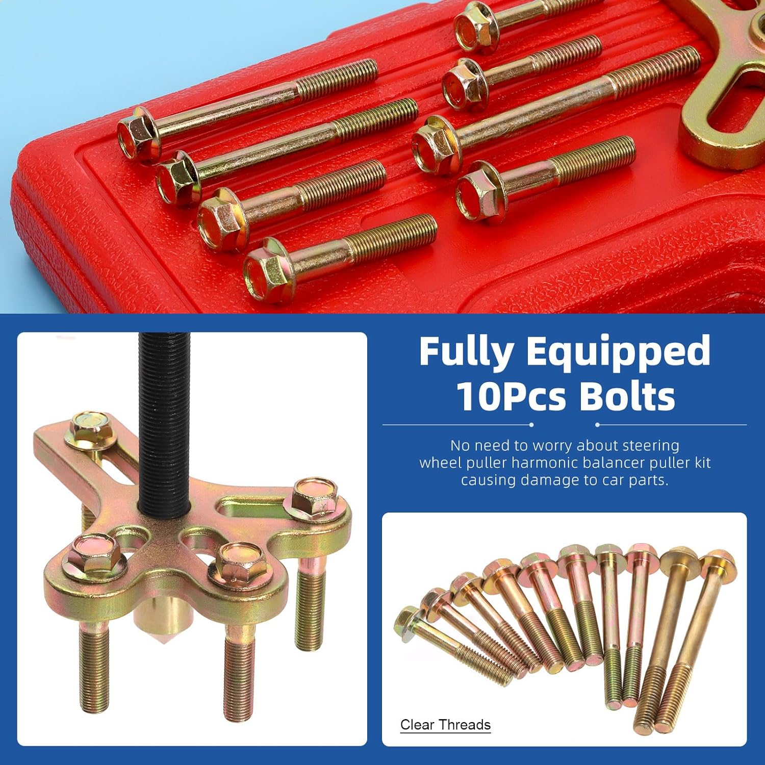 Glarks 13Pcs Harmonic Balancer Steering Wheel Puller Kit Power Steering Pulley Puller Installer Tool Set Crankshaft Pulleys and Gears for Car Pickup SUV