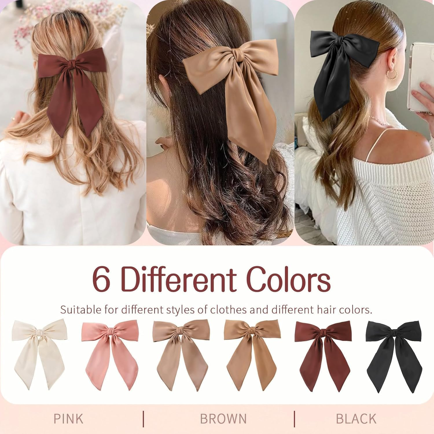 Silky Satin Hair Bow Clips for Women, 6Pcs Large Satin Bow Hair Slide Clips, Long Silky Satining Big Bow Hair Clip, Big Bow Hair Clips Solid Color image number 2