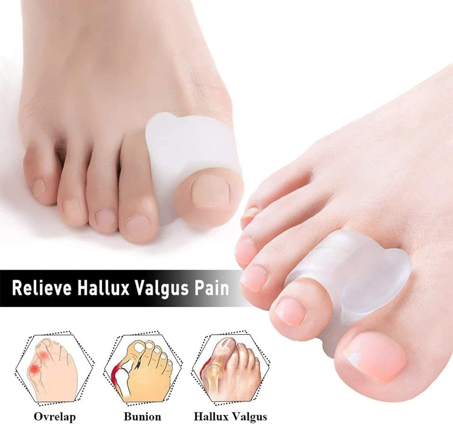 Gel Toe Separators for Overlapping Toes, 4 PCS Bunion Big Toe Straighteners, Thumb Tail Finger Ring Nursing Pad Split Toe Corrector Fixator for Hallux Valgus, Correctior Hammer Toe Relieve Pain (White) image number 5