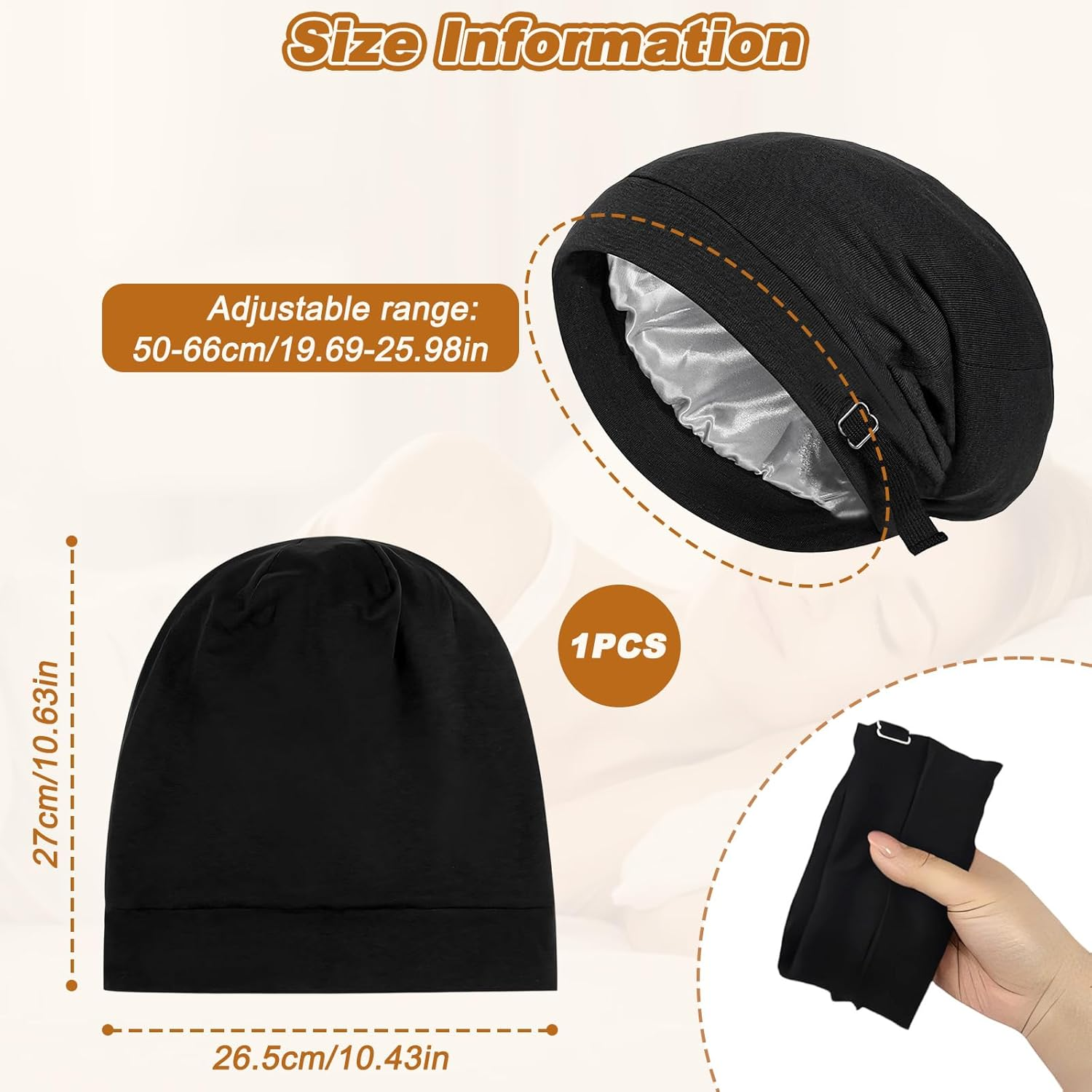Double Layer Black Adjustable Hair Bonnets, Hair Cover Bonnet for Hair Care, Adjustment 50Cm/19.69In-66Cm/25.98Inunisex Windproof Hat Polyester Warm Beanie ﻿ image number 5