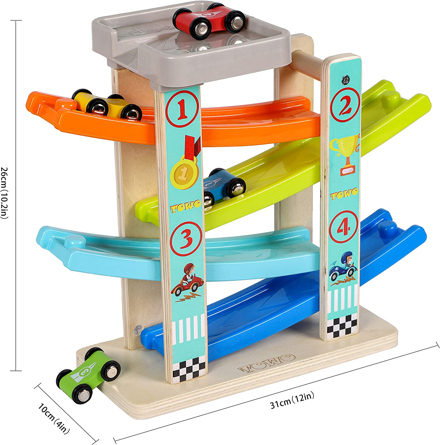 TOWO Wooden Car Ramp Toy- Zig Zag Car Slide with 4 Wooden Cars & Roof Top Car Park Playsets-Click Clack Track Wooden Car Toys for Toddlers -Racing Car Toys for Kids Boys Girls 1 2 3 4