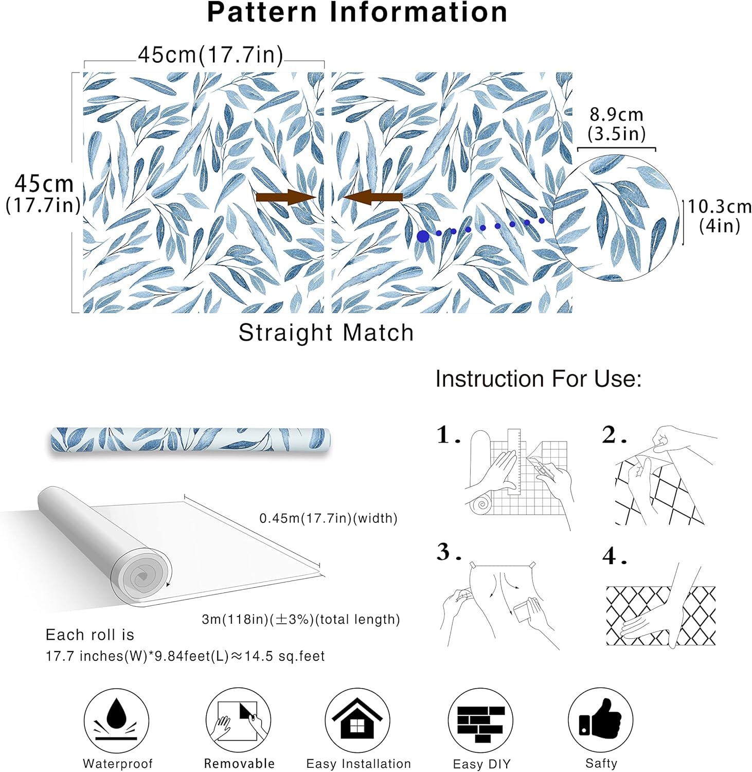 Haokhome 93199 Modern Peel and Stick Wallpaper Blue Branches with Leaves Removable Vinyl Self Adhesive Contactpaper 0.45M X 3M image number 2