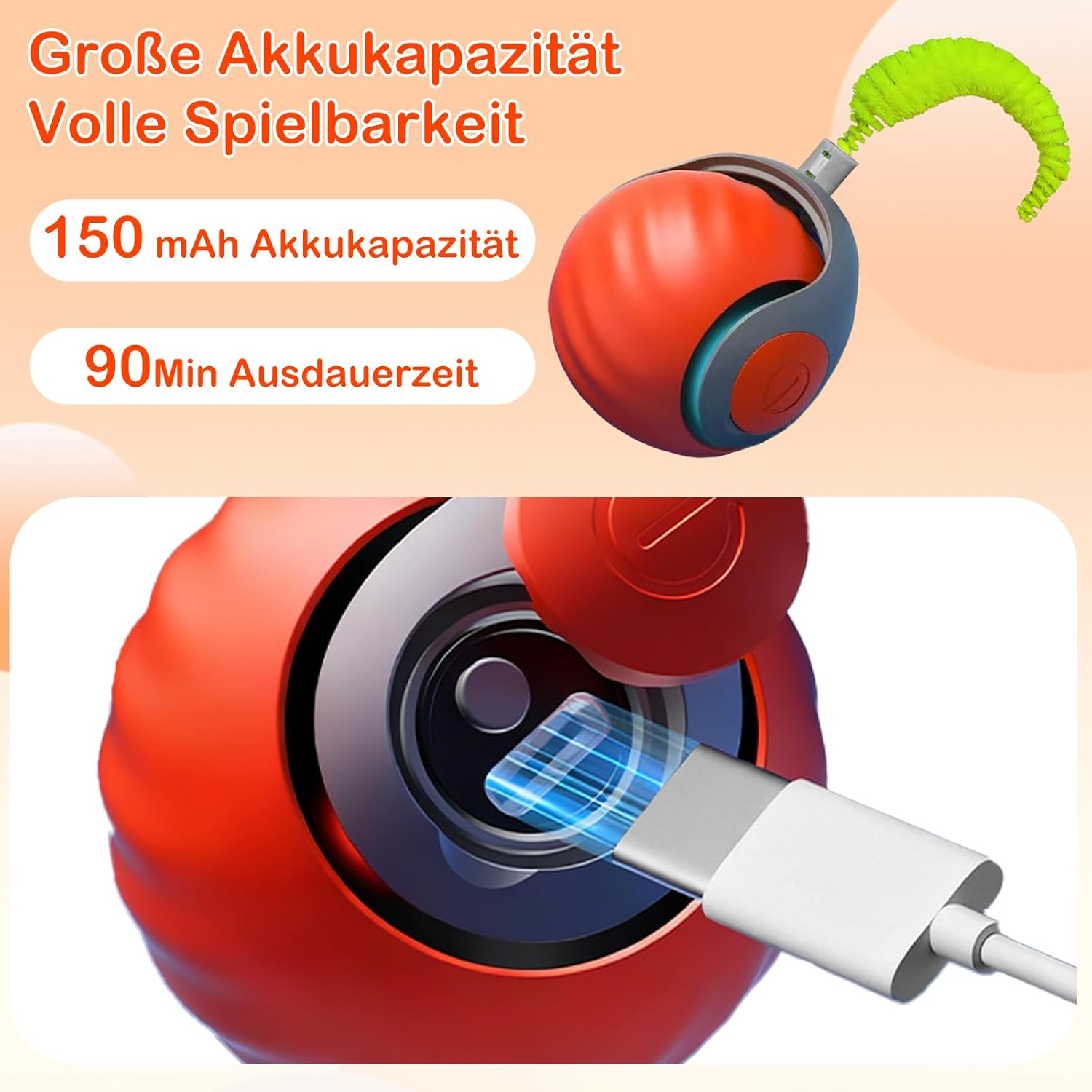 Interactive Cat Toy, Cat Ball, Electric Cat Toy with USB, Two Working Modes, Cat Toy with 3 Replacement Tails, Intelligence Toy for Cats (Orange) image number 2