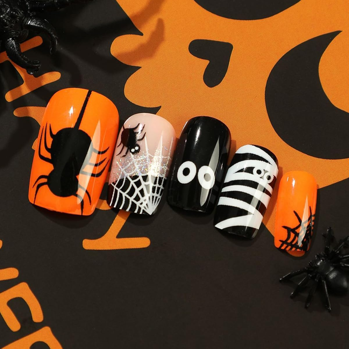 24Pcs Short Square Press on Nails Halloween Cute Fake Nails Black White Spider Web Cartoon Print Glossy Stick on Nails for Women DIY Manicure - Black Pink image number 5