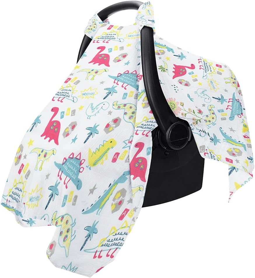 AIMALL 2-Pack Baby Muslin Cotton Push Car Seat Cover, Breathable Windproof Dustproof Infant Carriage Cover with Cartoon Prints, 44.9In X 35.4In, Universal Fit for Baby Carriers