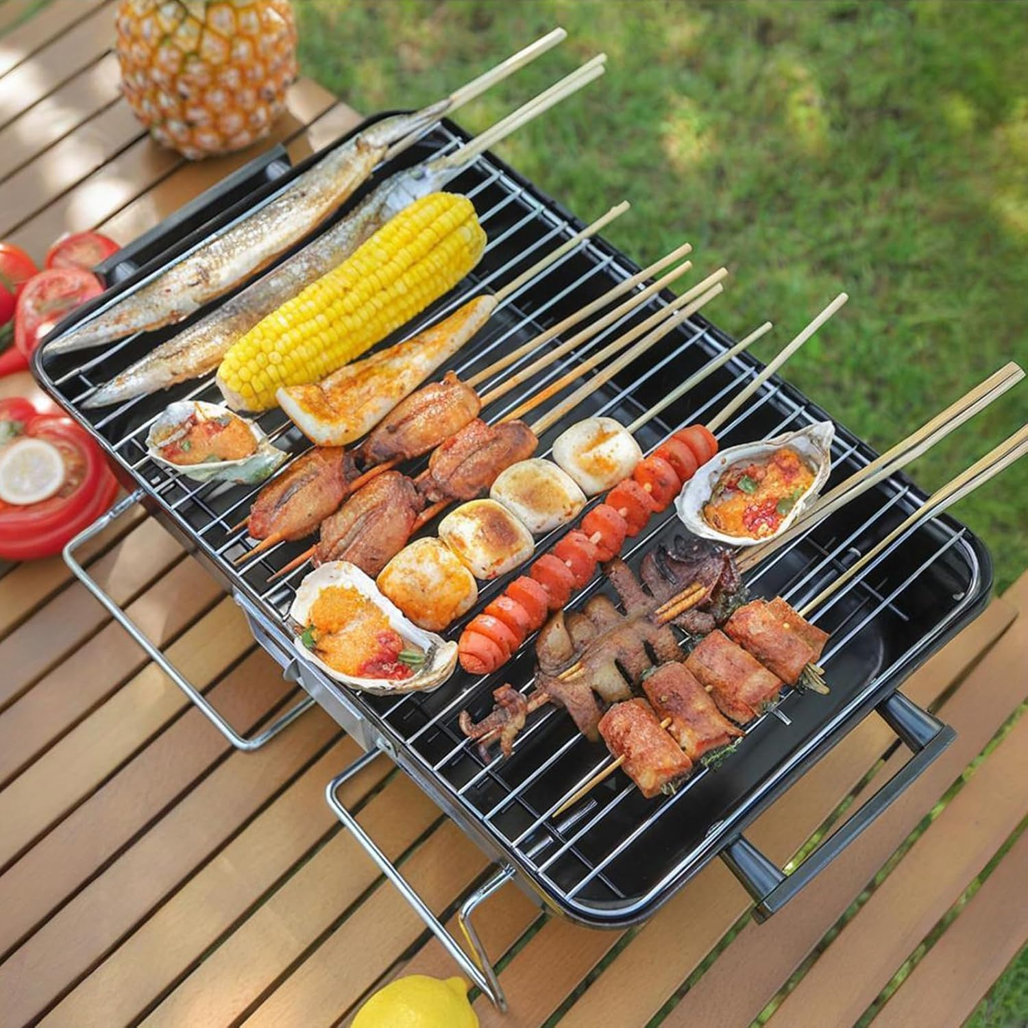 Portable Charcoal Grill, Folding Tabletop Barbecue Smoker with Lid, Small BBQ Grill for Outdoor Cooking Backyard Camping Picnics image number 2