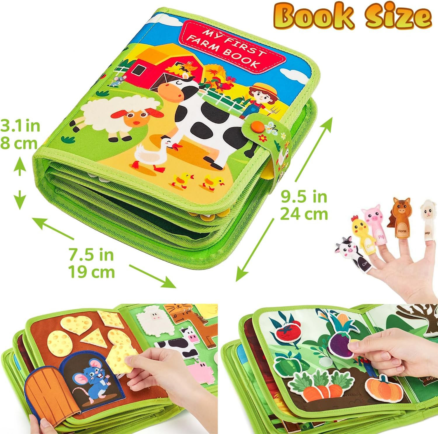 Busy Book for Toddlers, Montessori Toys Busy Board Felt Quiet Book, Educational Quiet Activity Books, Sensory Toy for Kids Gift, 3D Farm Montessori Board Sensory Toy, Green image number 2