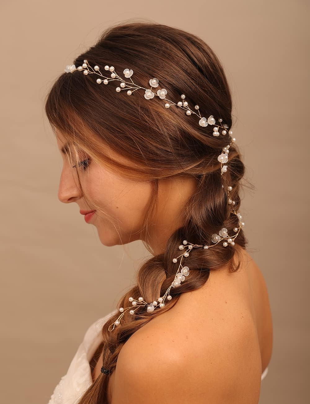 Teyglen Wedding Hair Vine Bridal Long Headband Flower Pearl Beads Long Hair Vine Gold Silver Hair Pieces Hair Jewelry Hair Accessories for Women Girl (Gold) image number 6